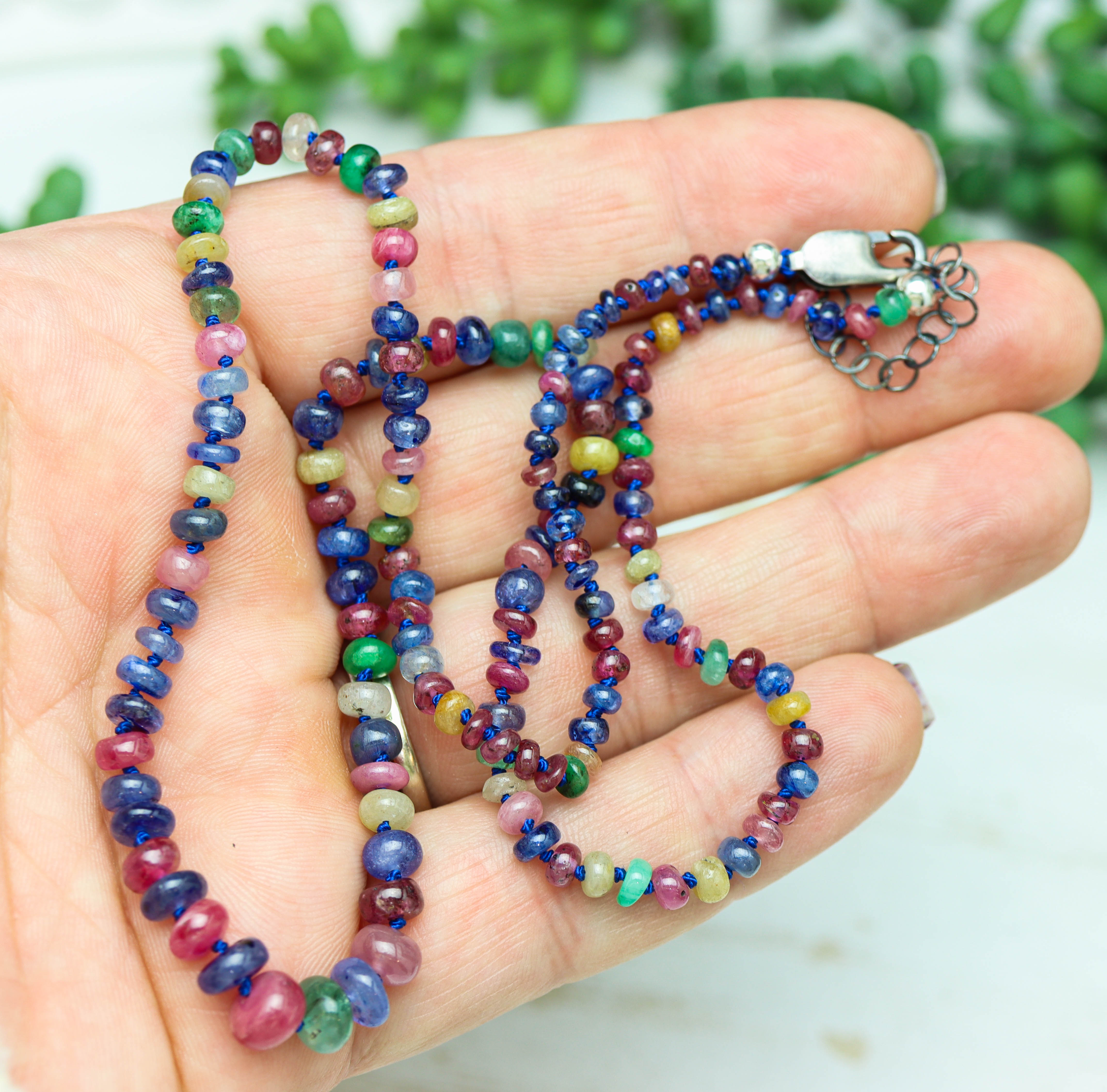 Multi Colored Sapphire Hand Knotted Bead Necklace Sterling Silver
