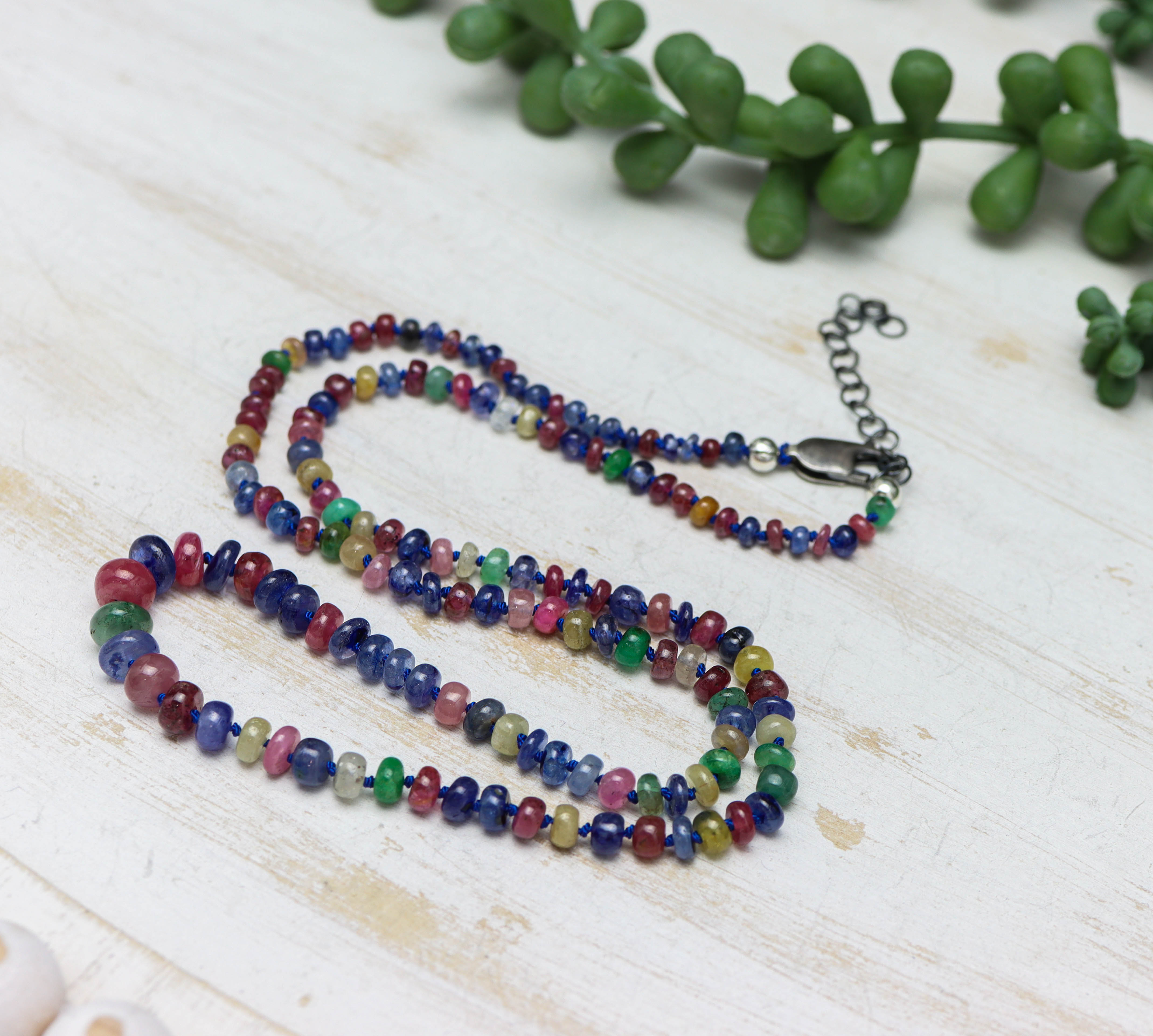Multi Colored Sapphire Hand Knotted Bead Necklace Sterling Silver