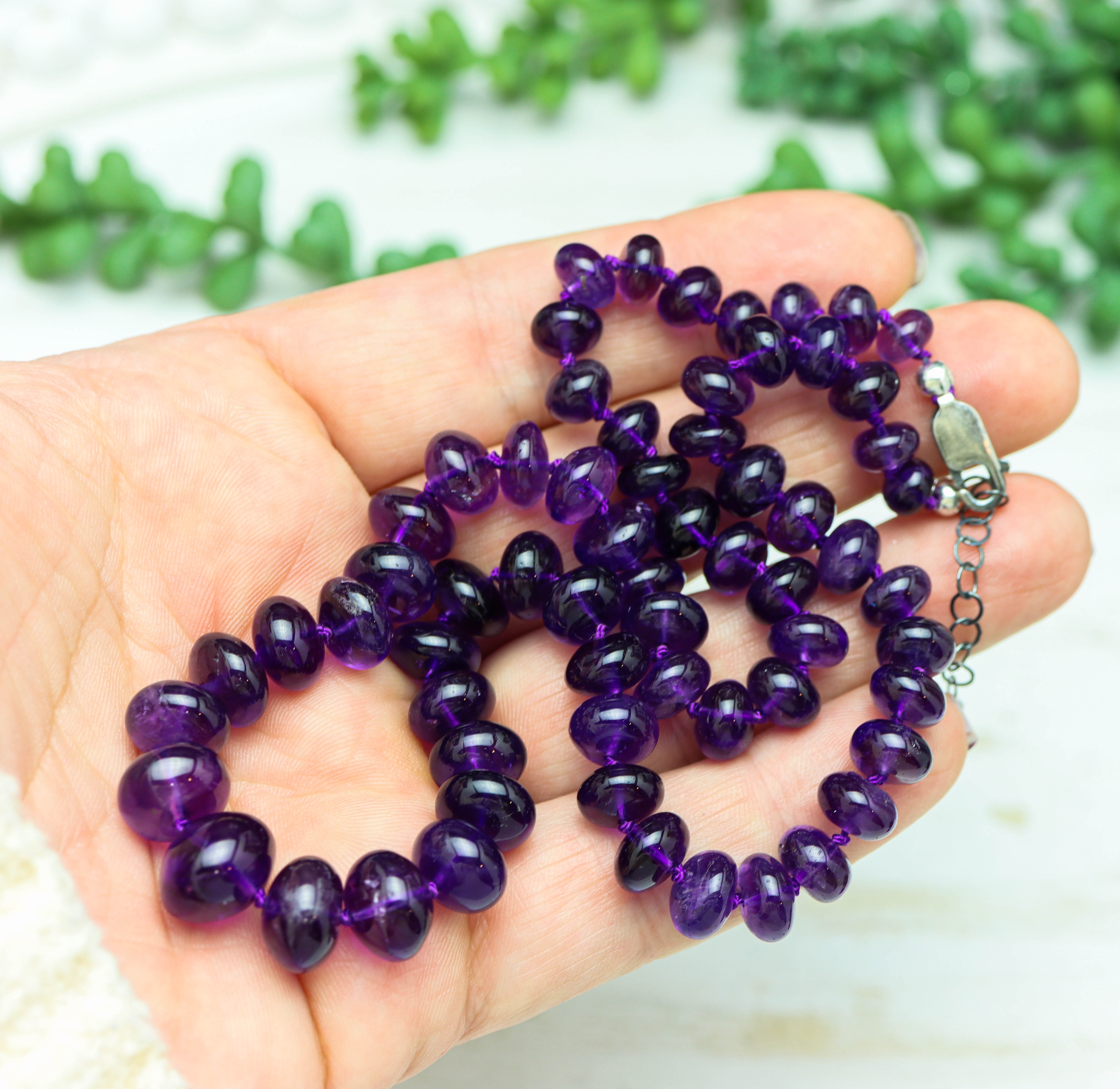 Amethyst Hand Knotted Bead Necklace Sterling Silver