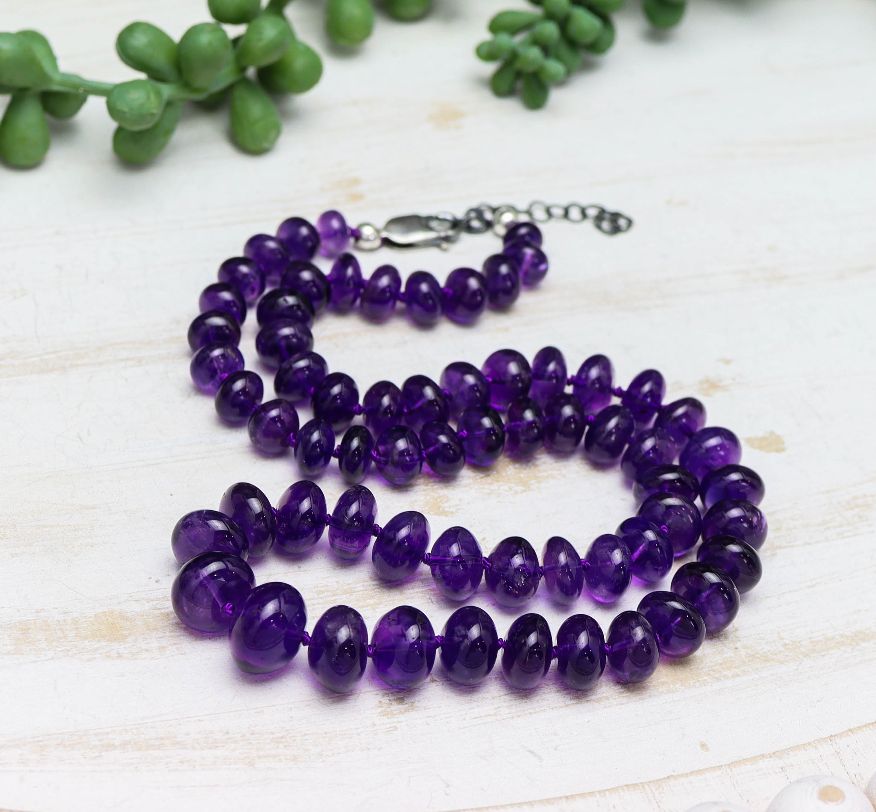 Amethyst Hand Knotted Bead Necklace Sterling Silver