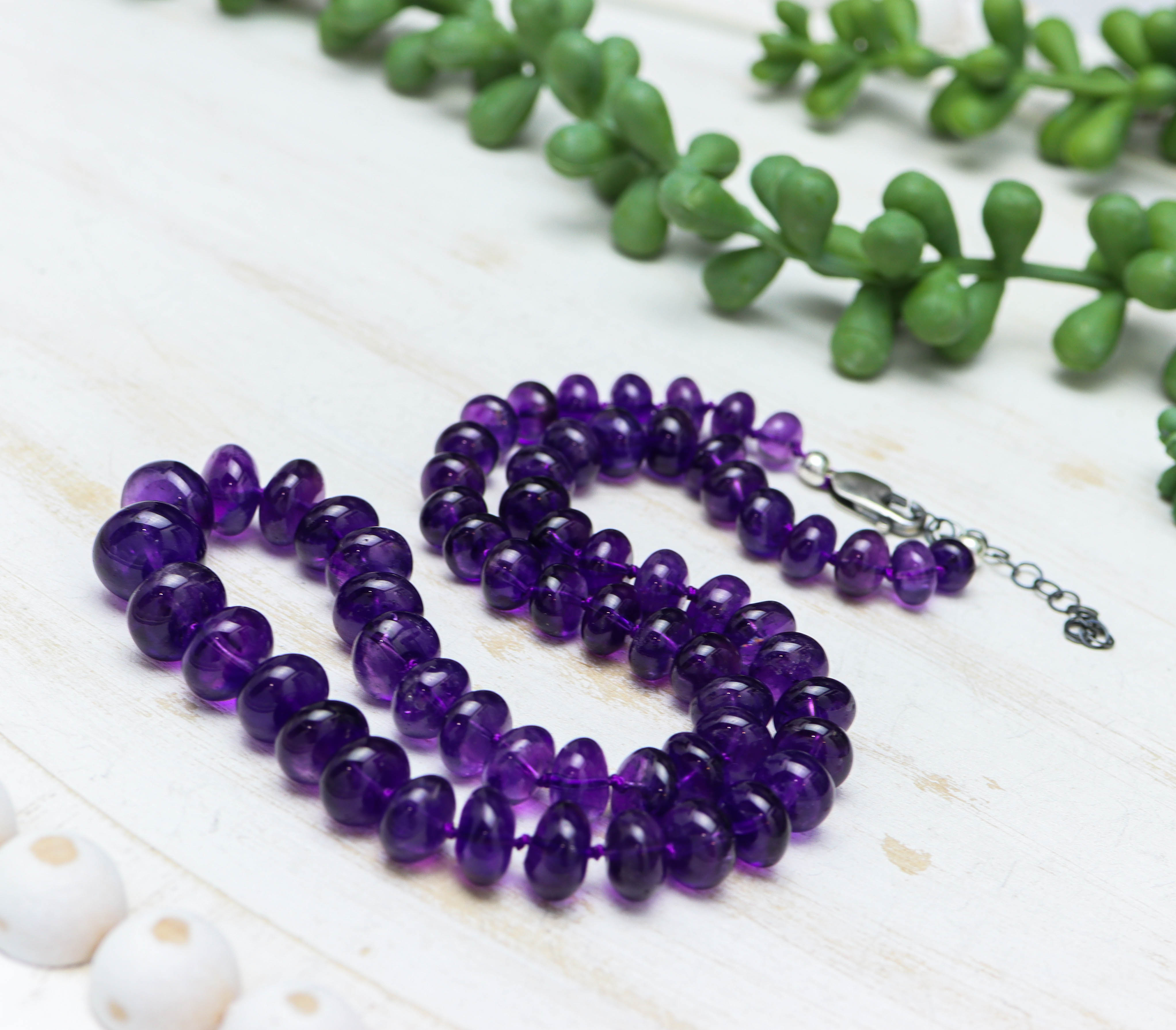 Amethyst Hand Knotted Bead Necklace Sterling Silver