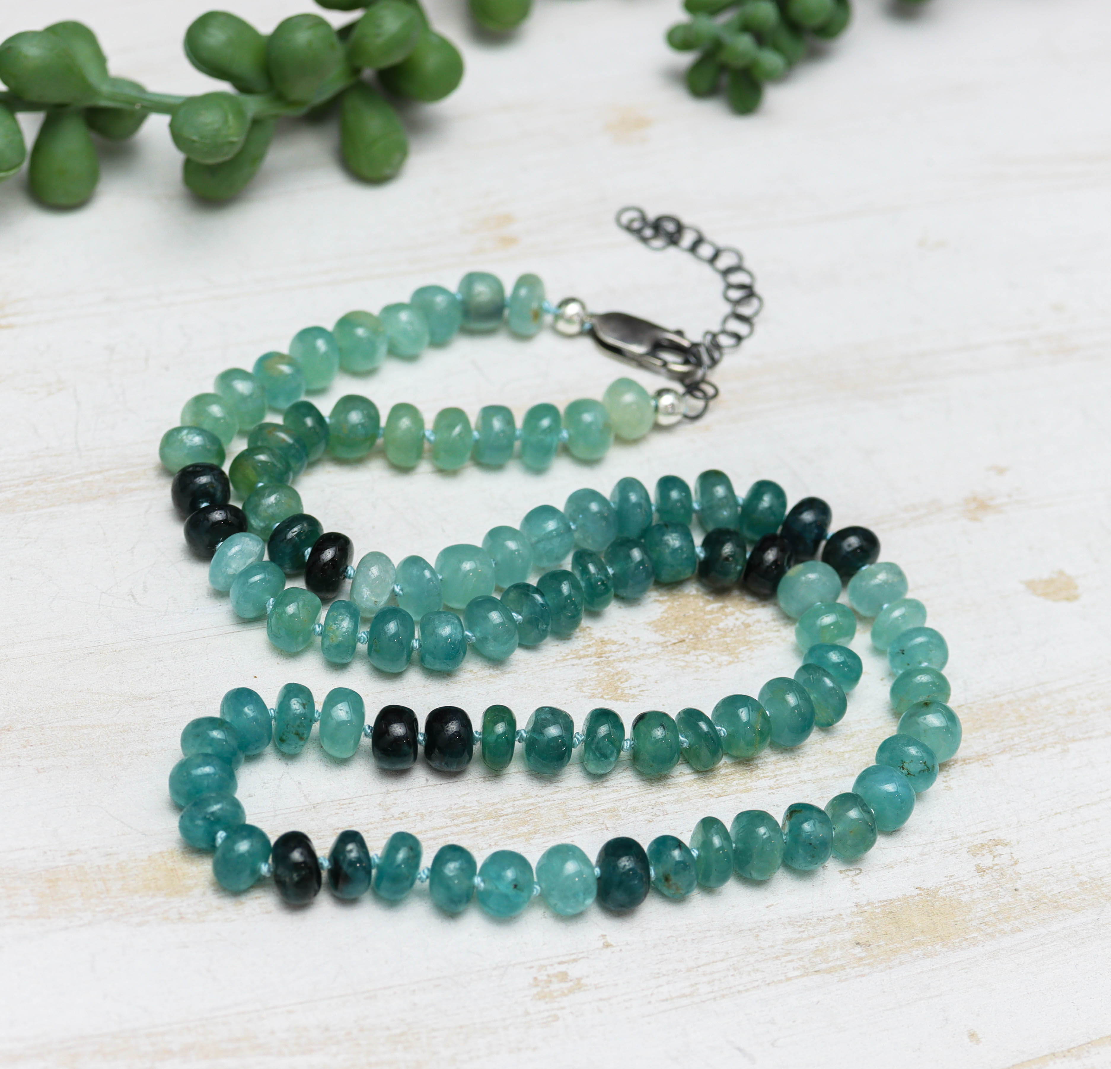 Rare Teal Blue Grandidierite Hand Knotted Bead Necklace Sterling Silver