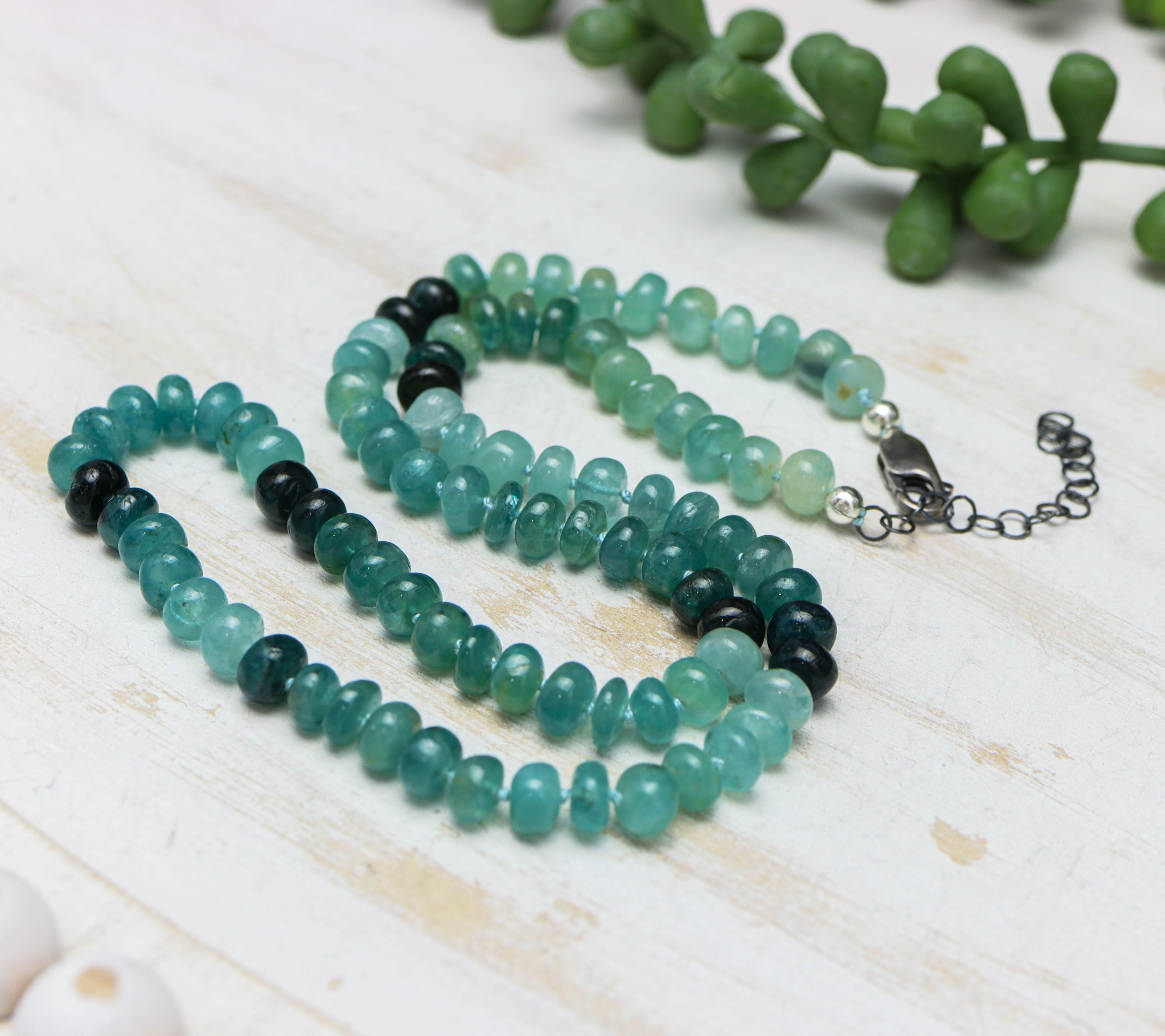 Rare Teal Blue Grandidierite Hand Knotted Bead Necklace Sterling Silver