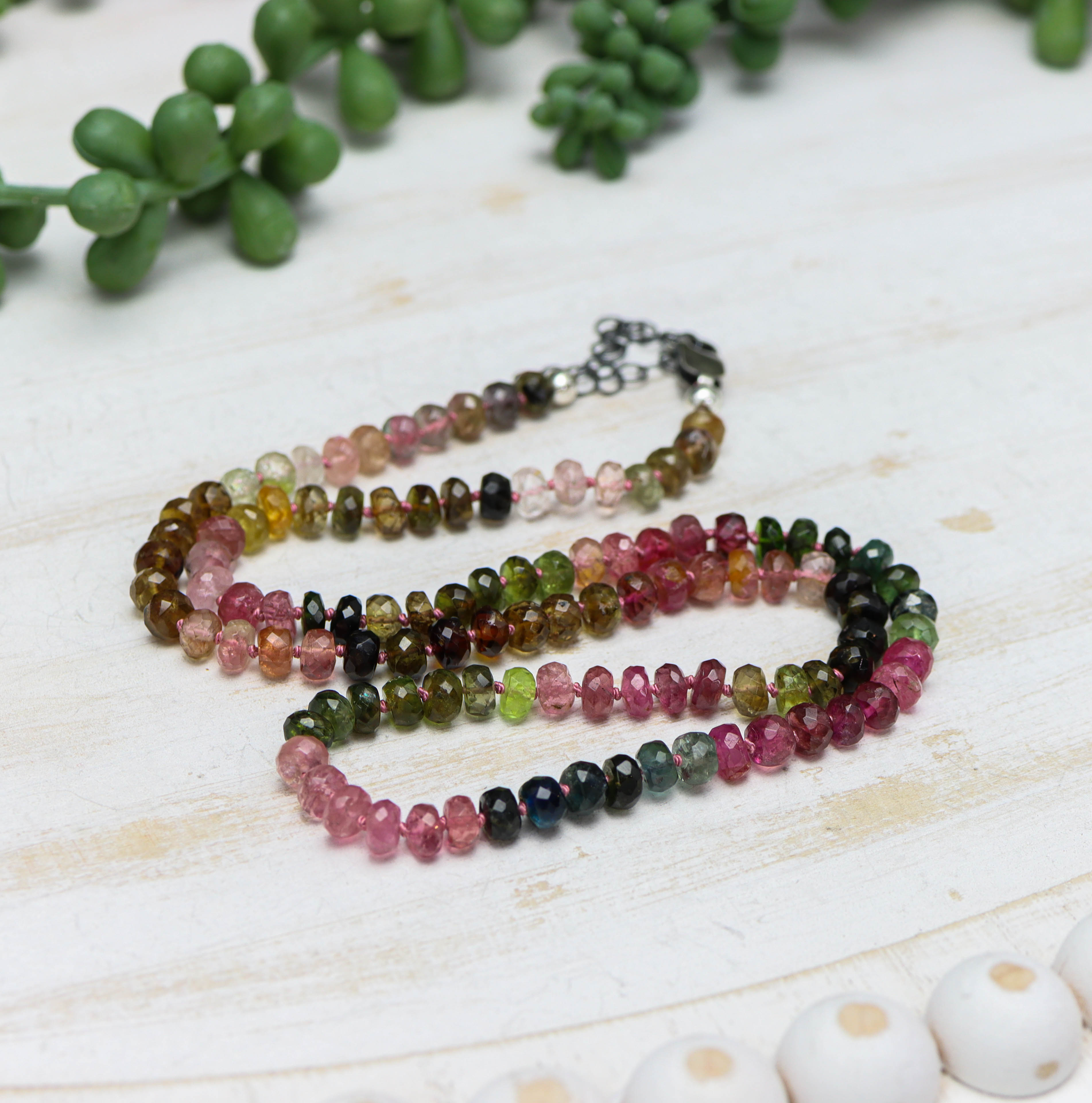 Multi Colored Tourmaline Hand Knotted Bead Necklace Sterling Silver