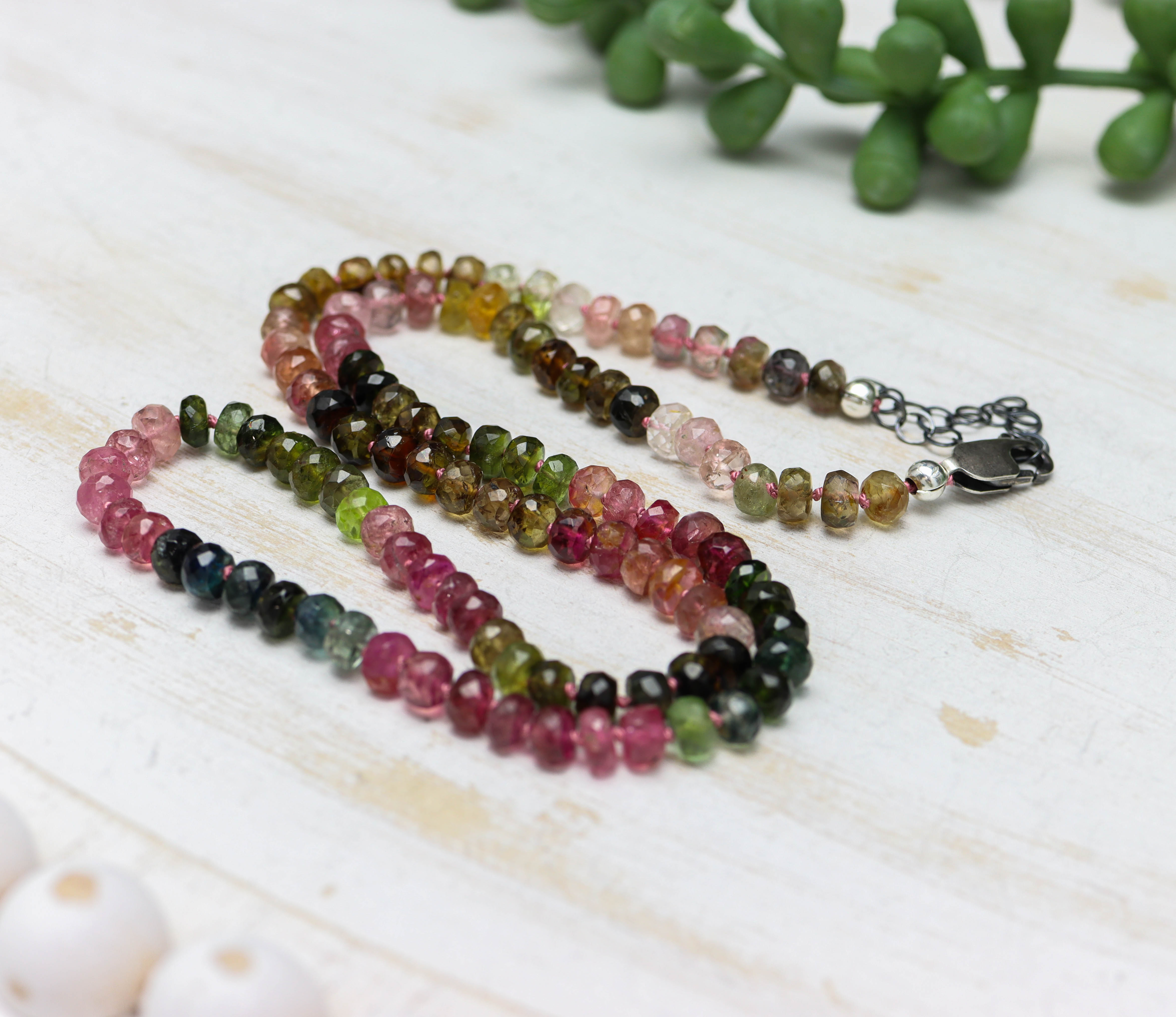 Multi Colored Tourmaline Hand Knotted Bead Necklace Sterling Silver