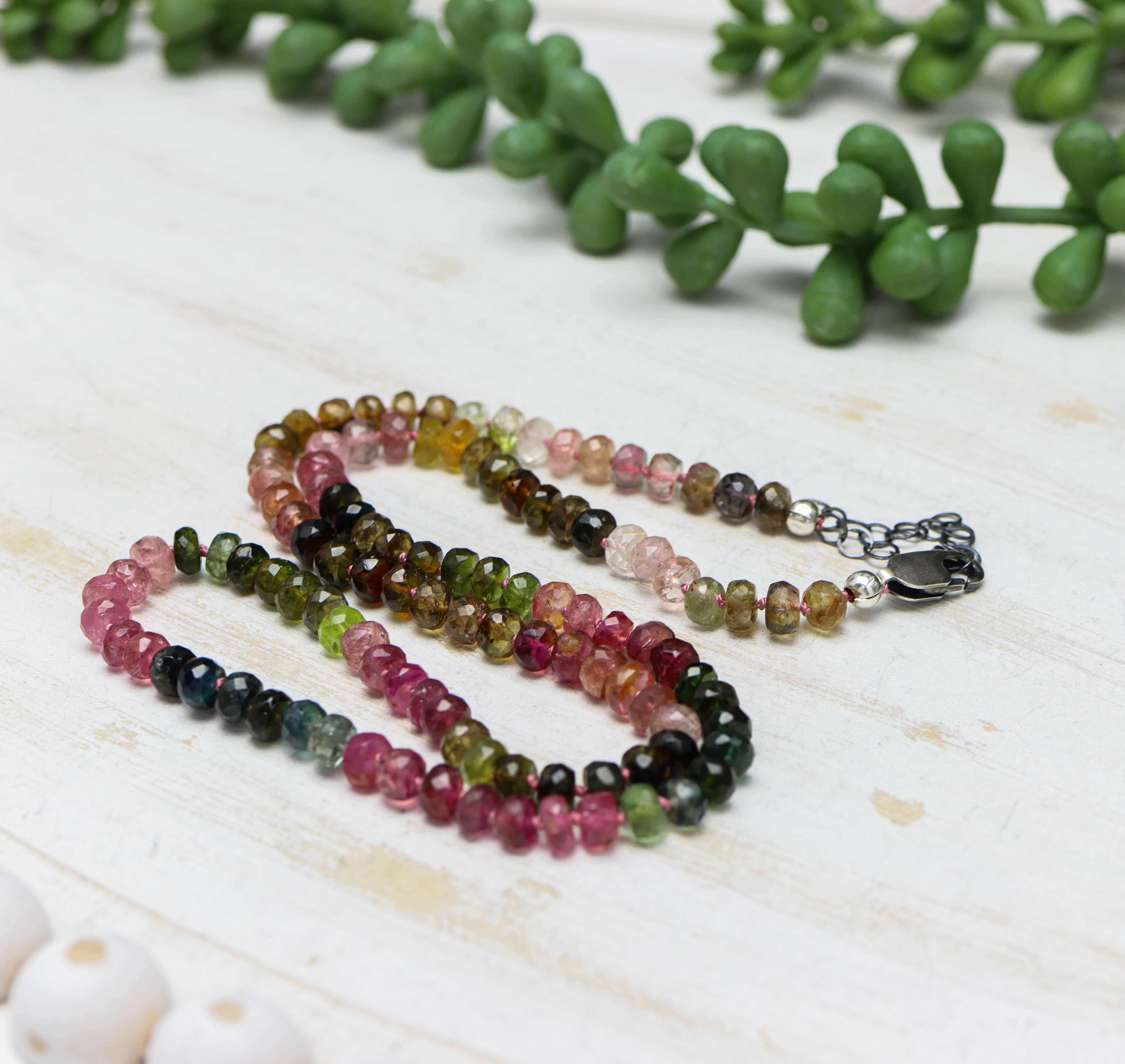 Multi Colored Tourmaline Hand Knotted Bead Necklace Sterling Silver
