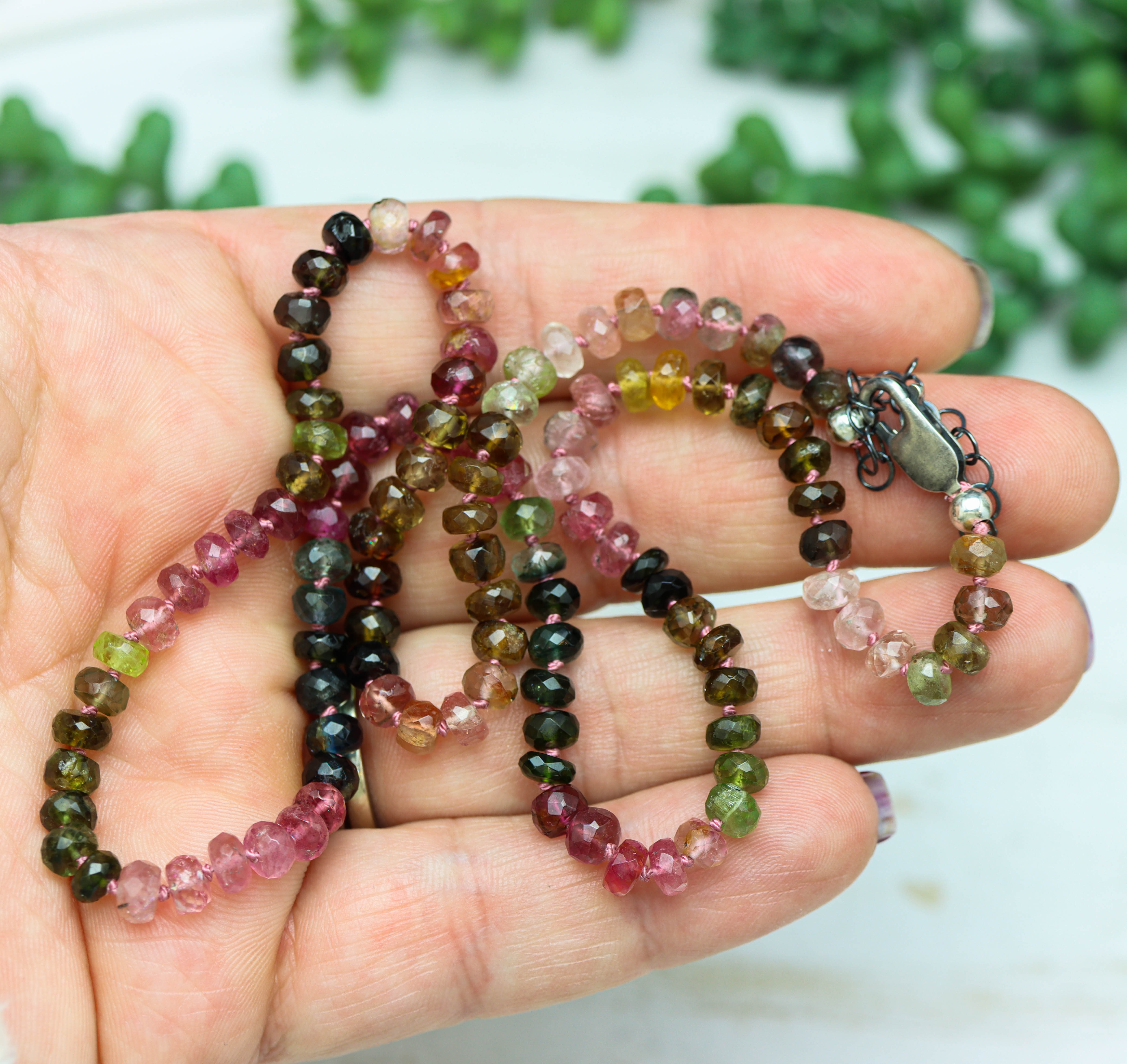 Multi Colored Tourmaline Hand Knotted Bead Necklace Sterling Silver