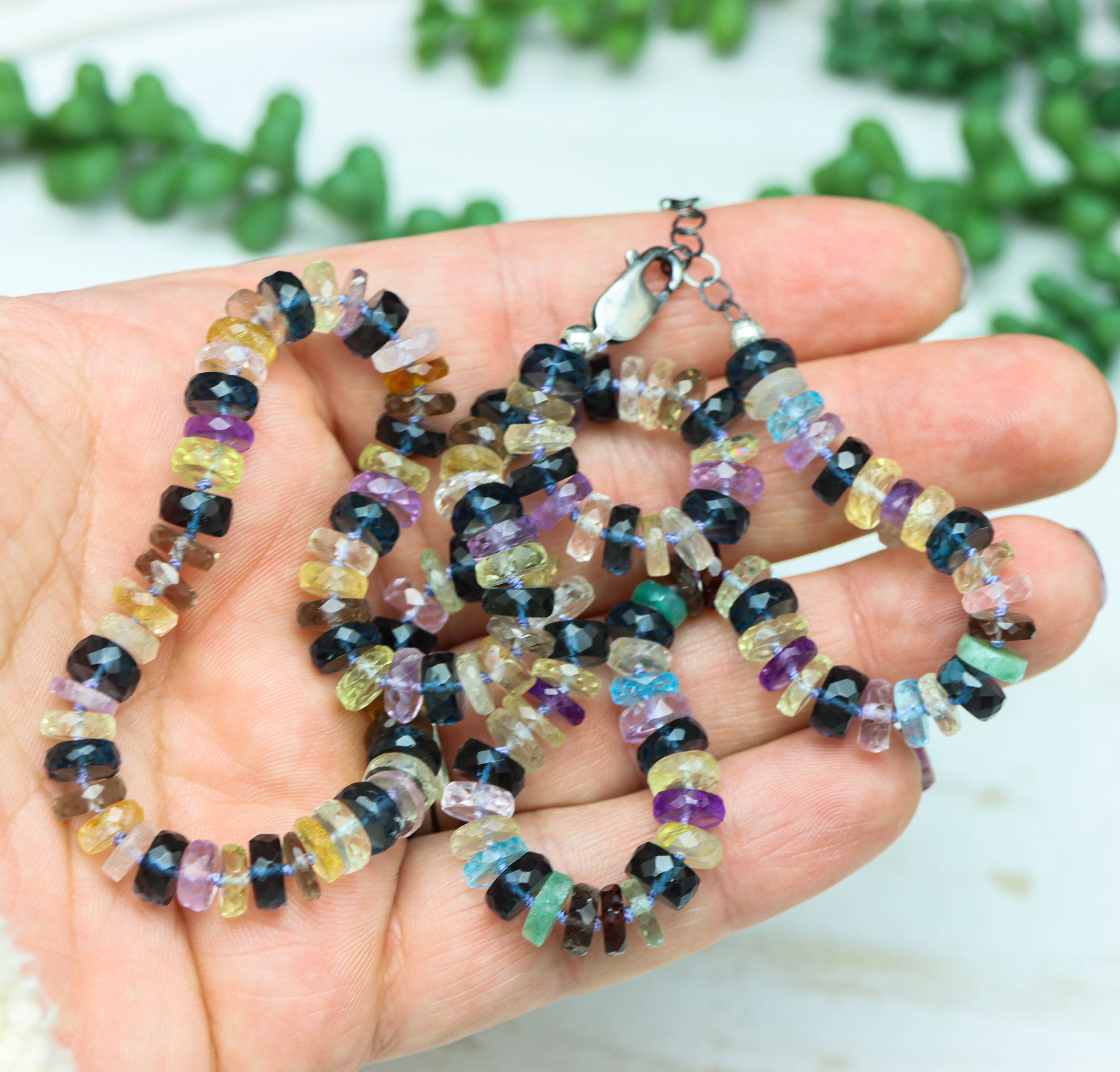 Multi Gemstone Hand Knotted Bead Necklace Sterling Silver
