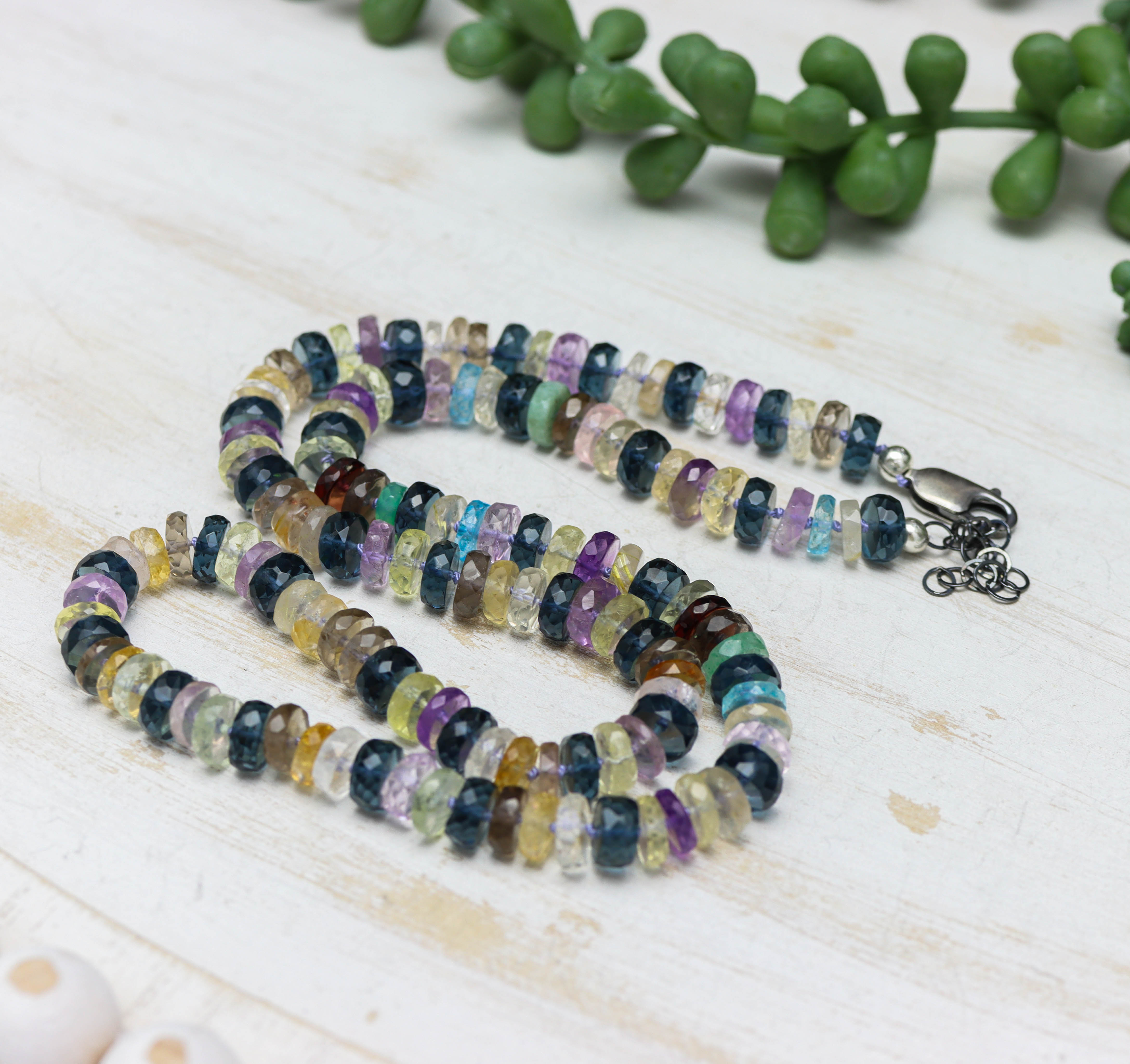 Multi Gemstone Hand Knotted Bead Necklace Sterling Silver