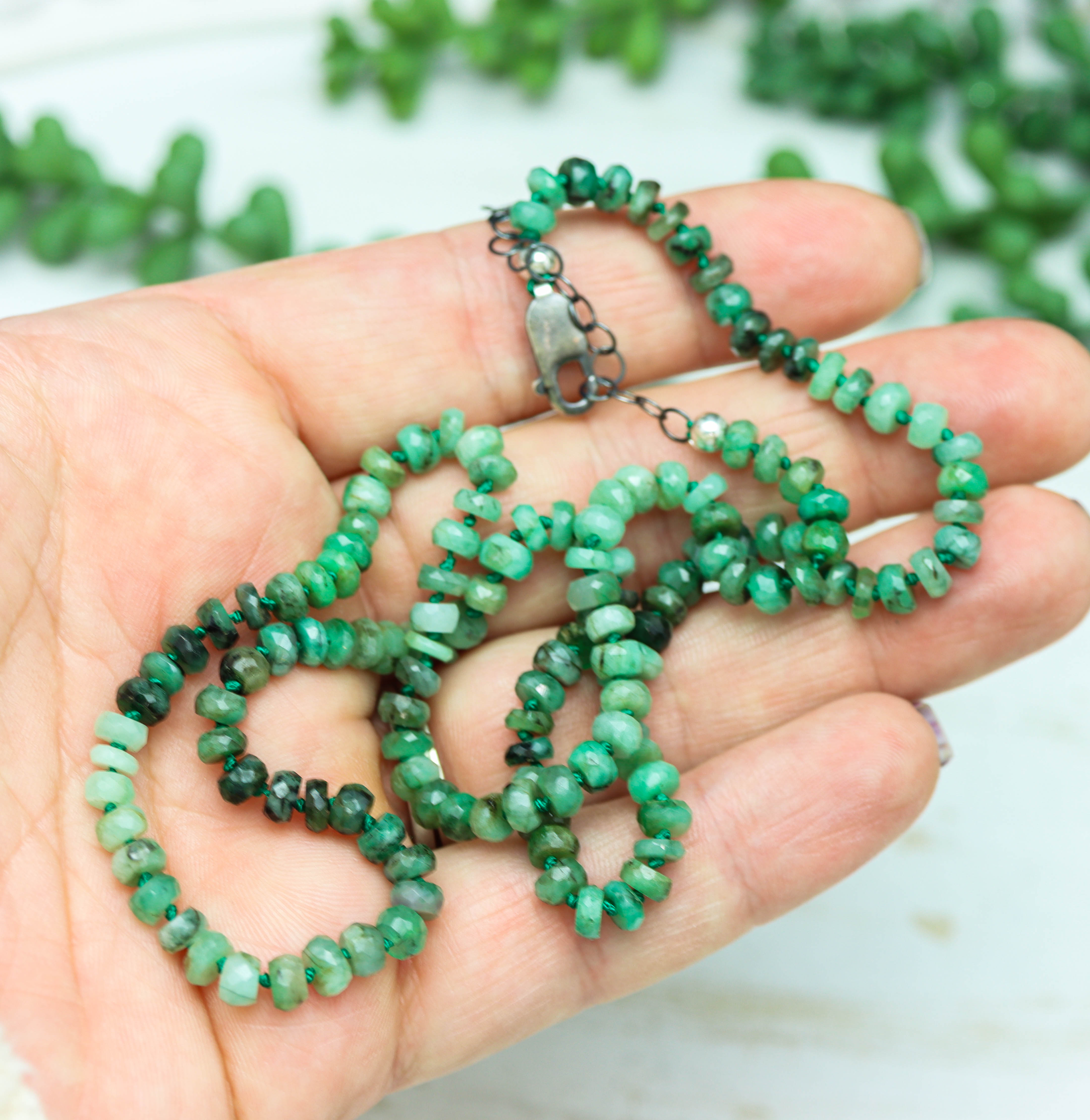Natural Emerald Hand Knotted Bead Necklace Sterling Silver