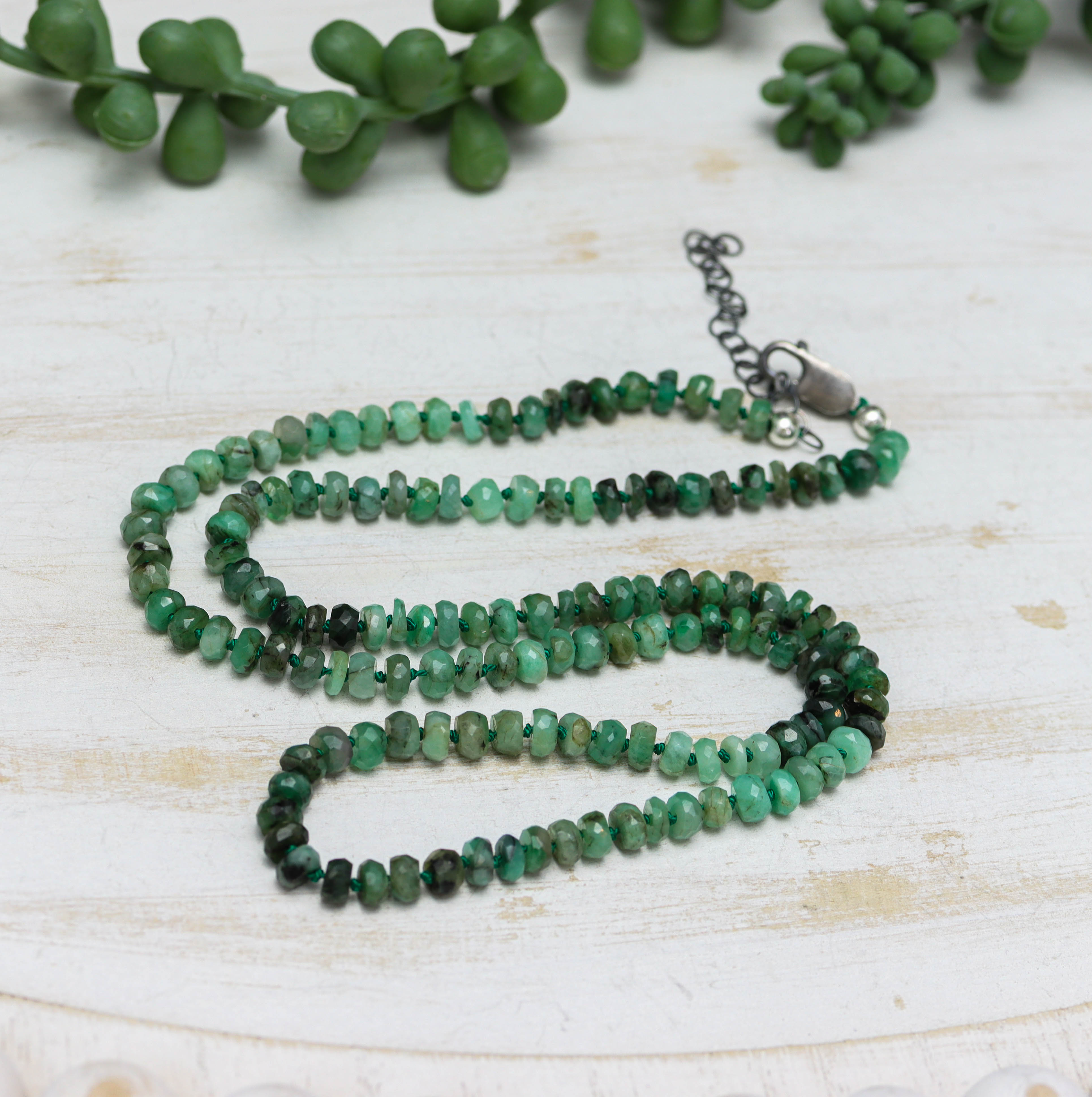 Natural Emerald Hand Knotted Bead Necklace Sterling Silver