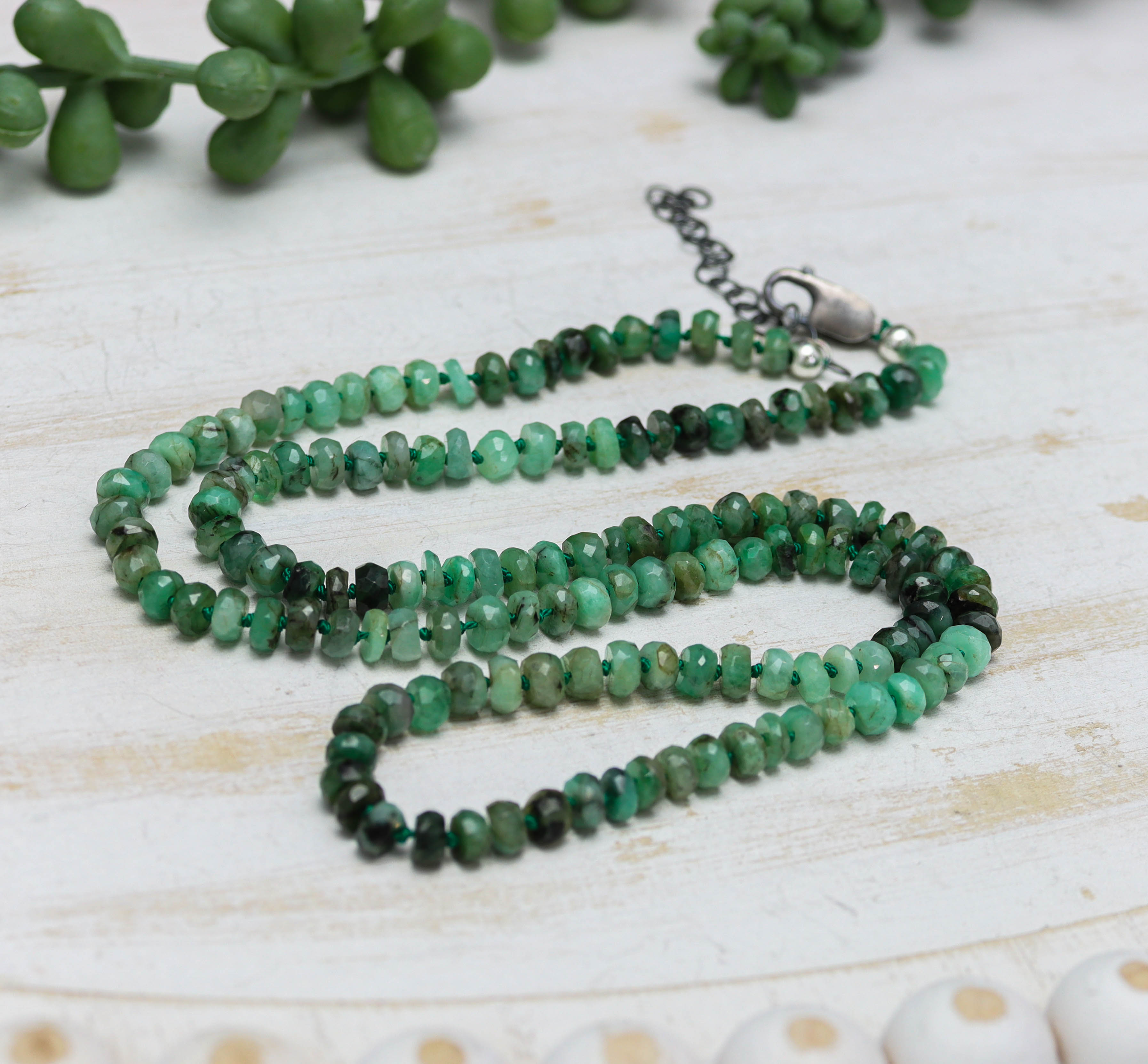 Natural Emerald Hand Knotted Bead Necklace Sterling Silver