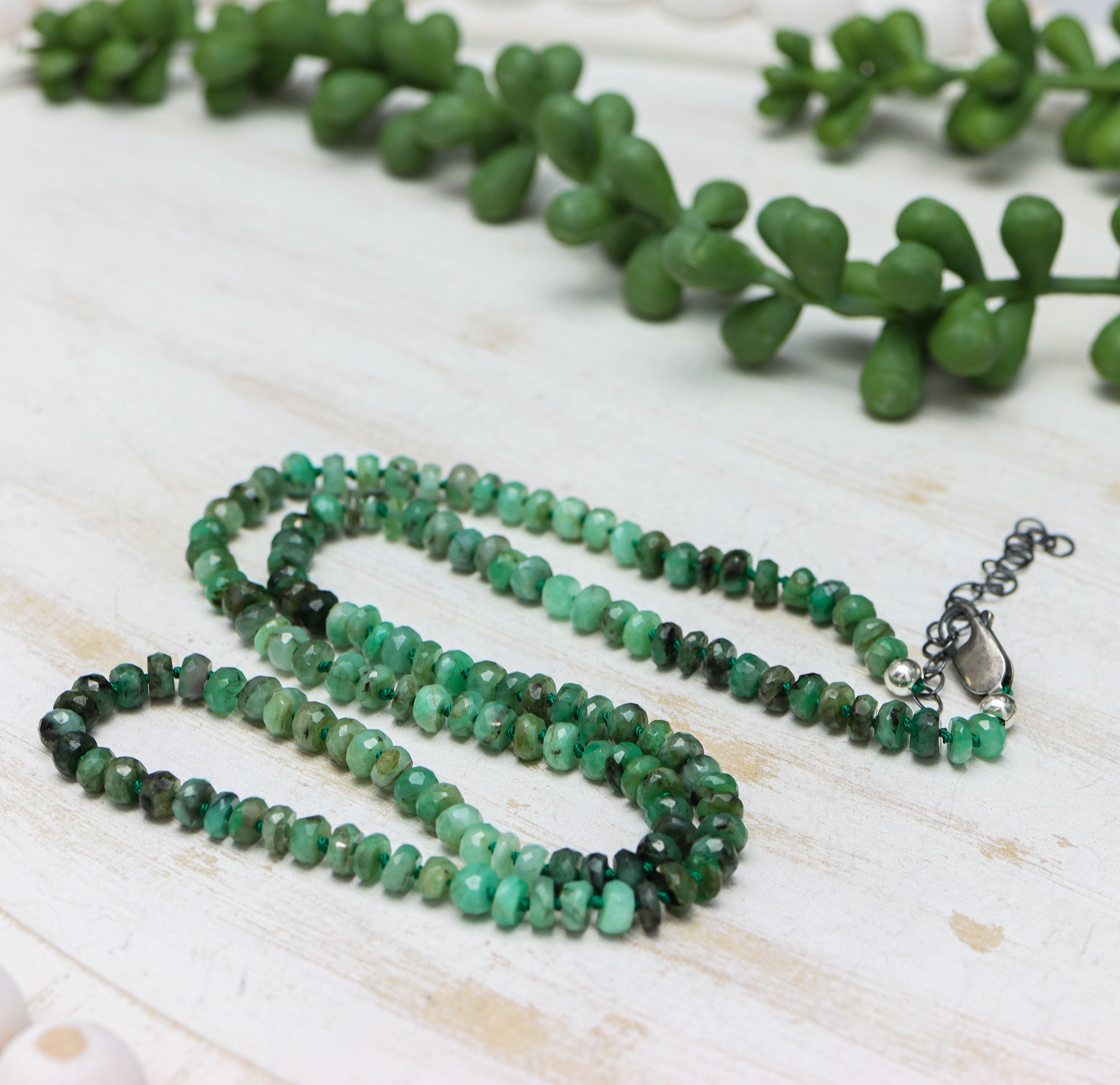 Natural Emerald Hand Knotted Bead Necklace Sterling Silver