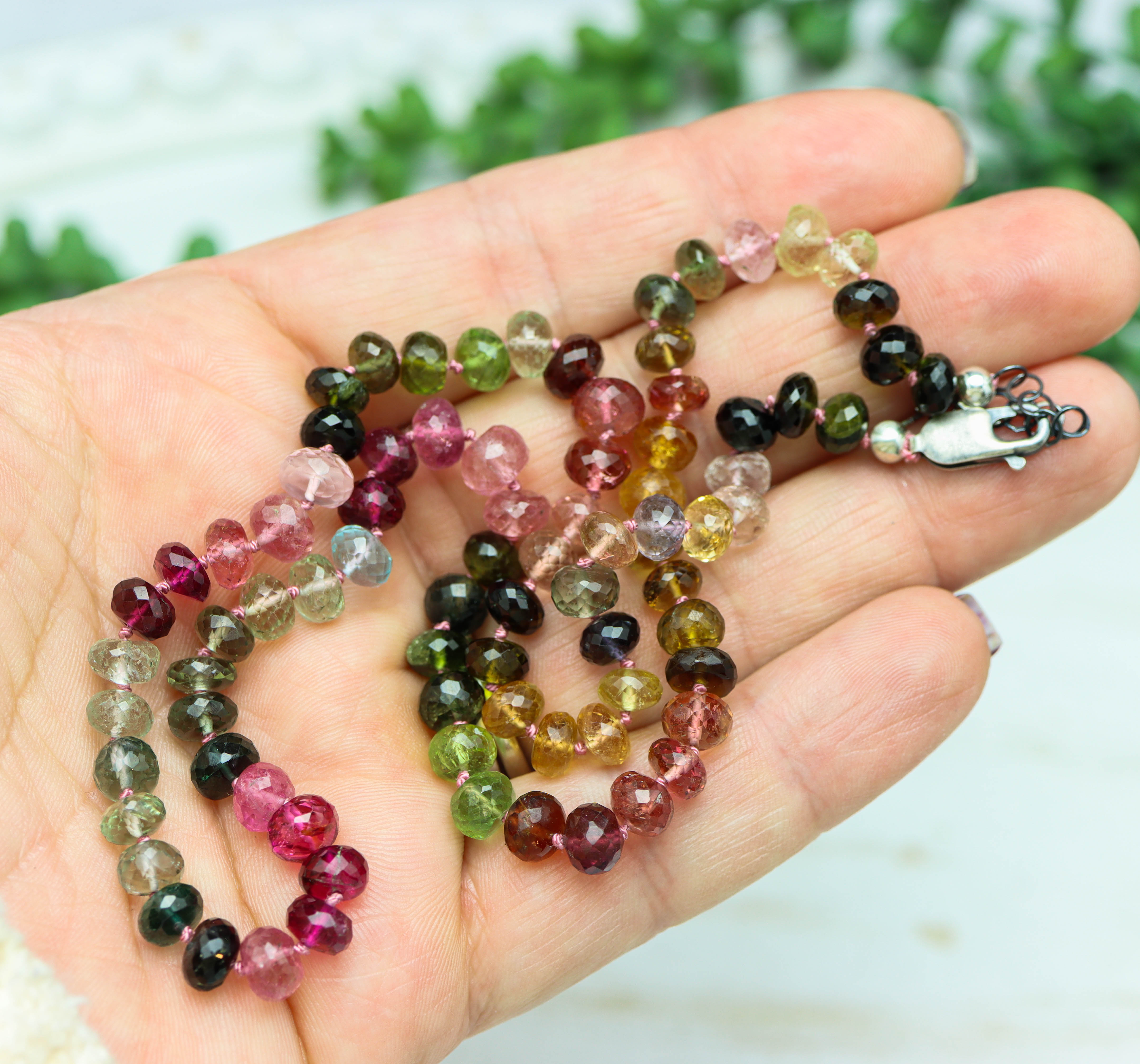 Stunning Multi Colored Tourmaline Hand Knotted Bead Necklace Sterling Silver #2