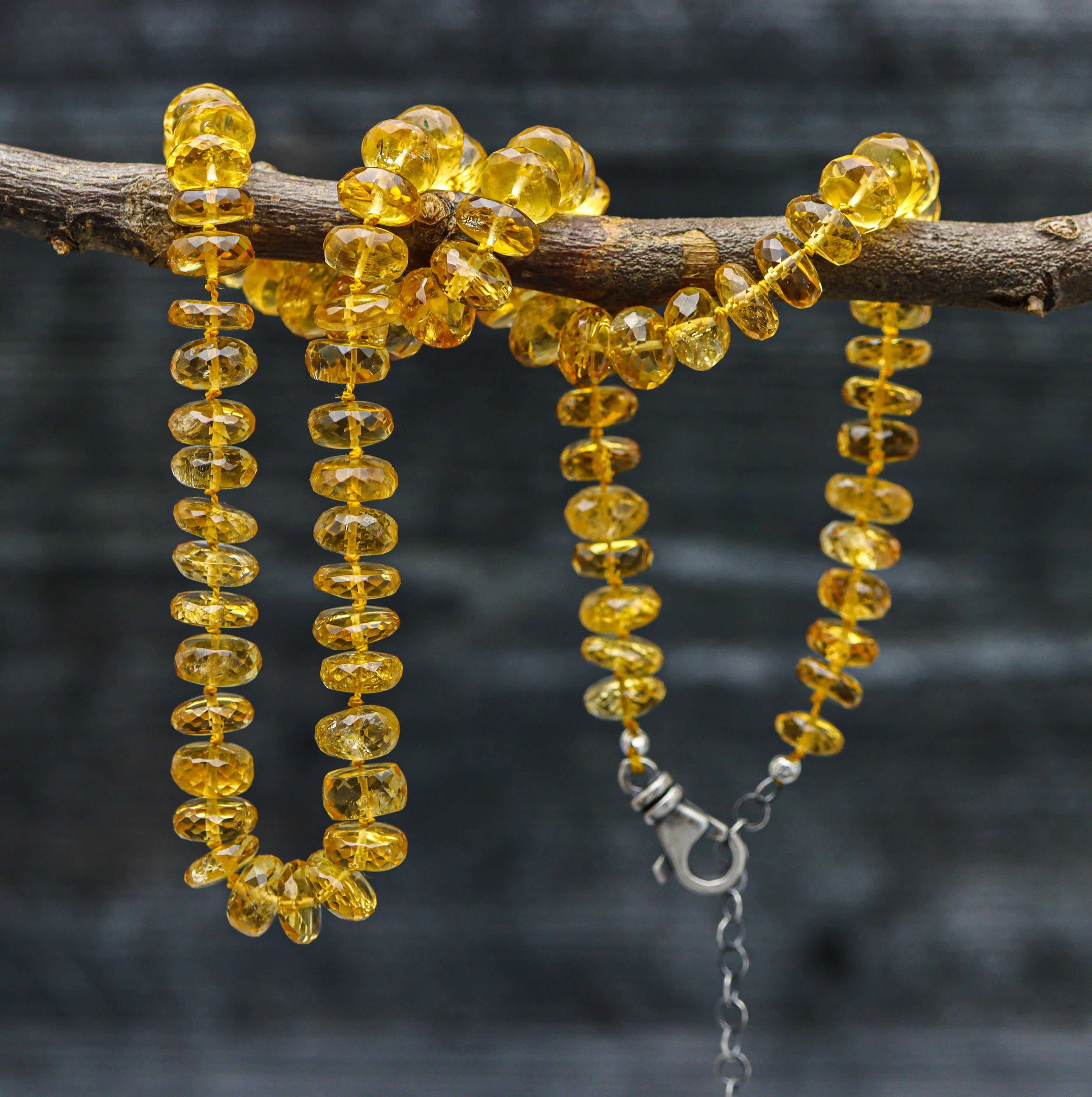 Stunning Yellow Citrine Hand Knotted Bead Necklace Sterling Silver