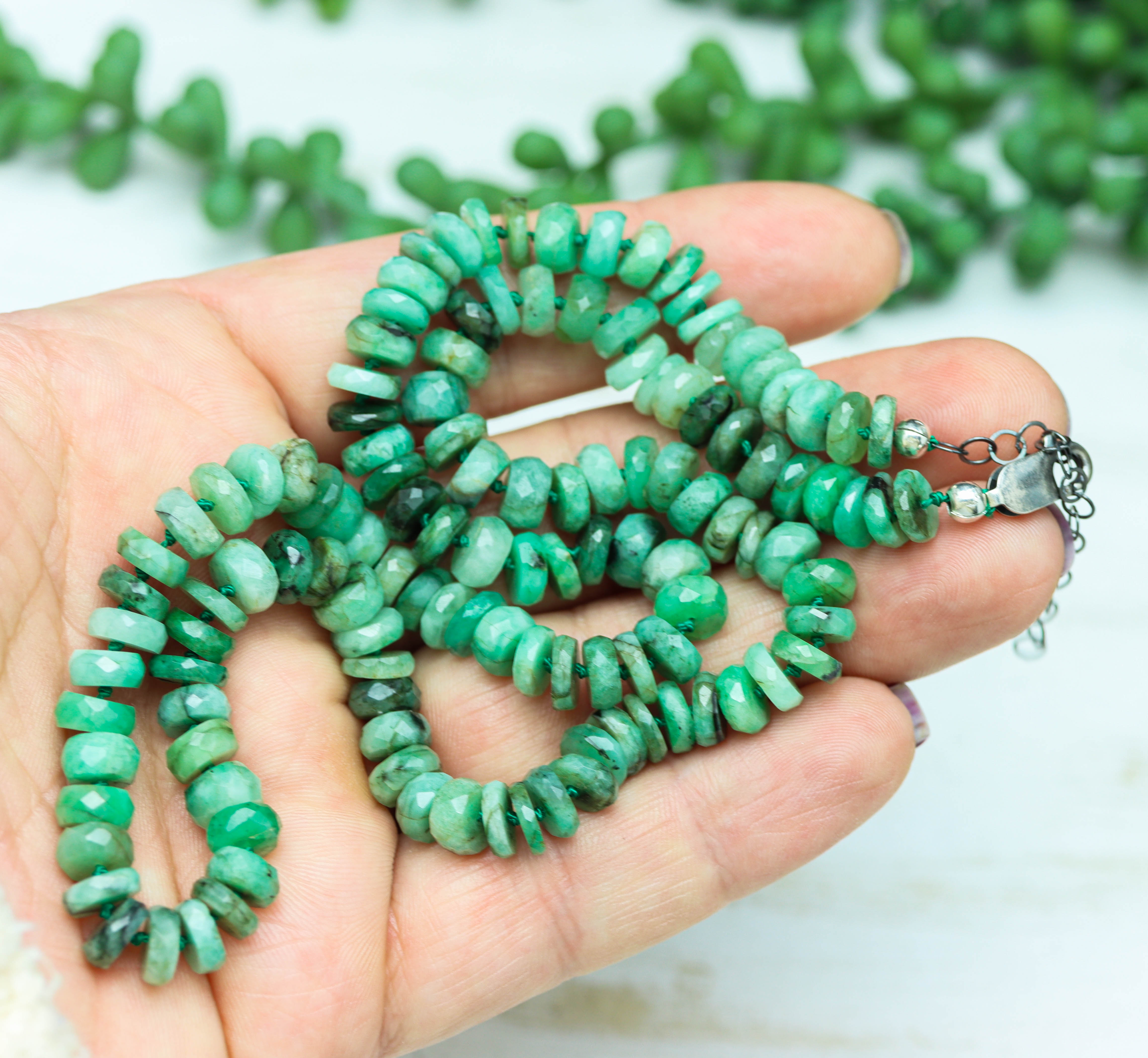 Natural Emerald Hand Knotted Bead Necklace Sterling Silver