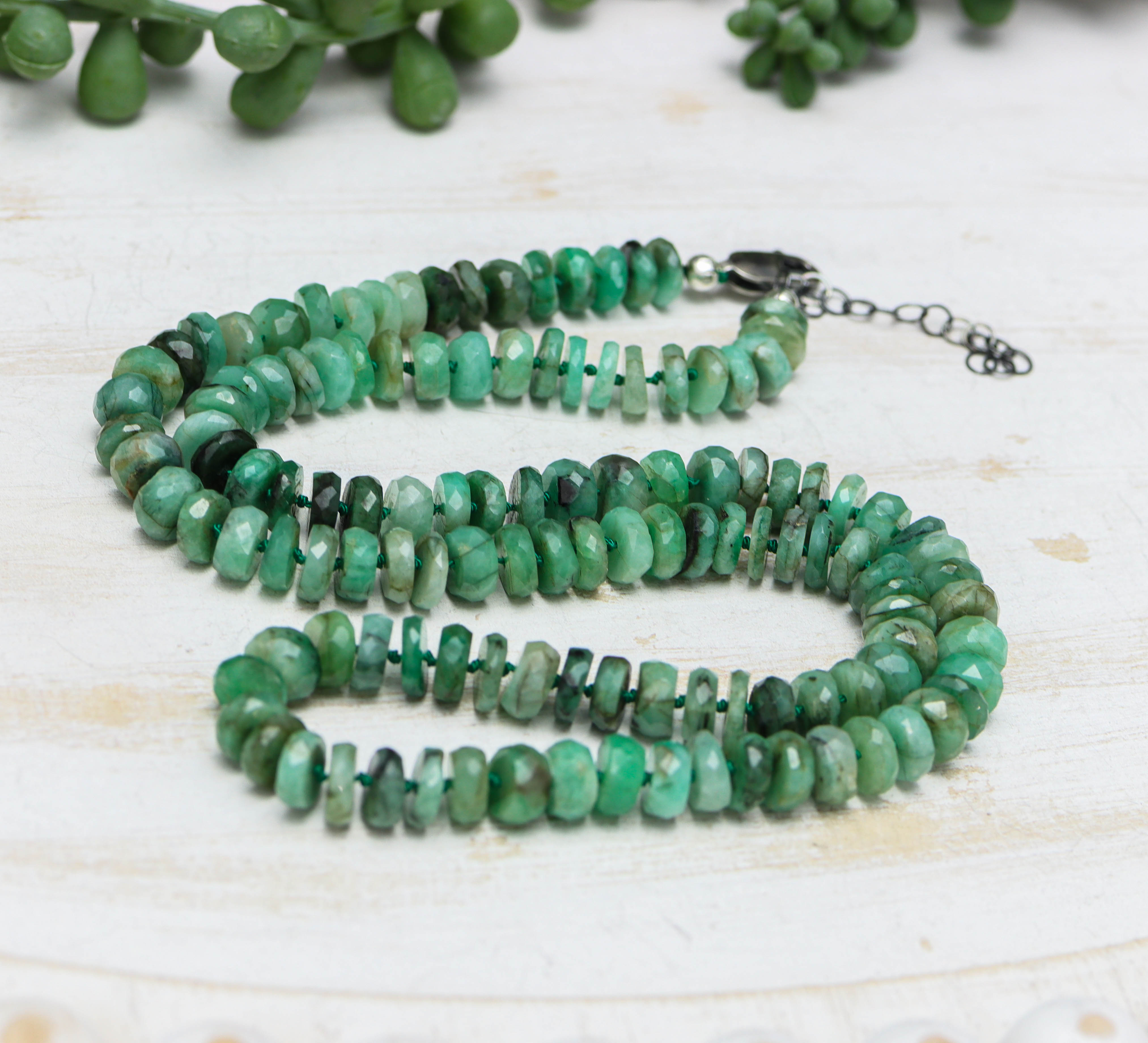 Natural Emerald Hand Knotted Bead Necklace Sterling Silver