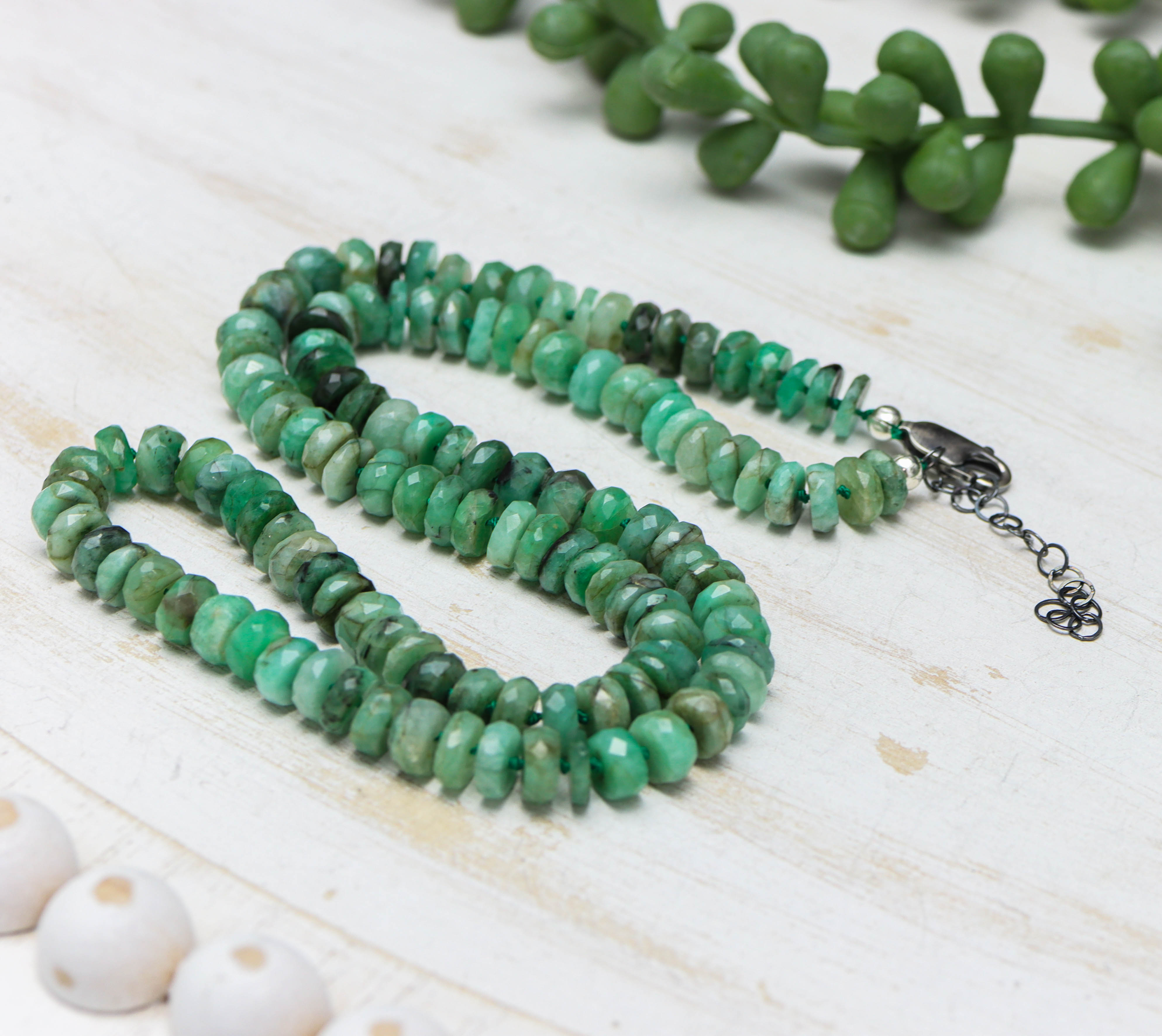 Natural Emerald Hand Knotted Bead Necklace Sterling Silver
