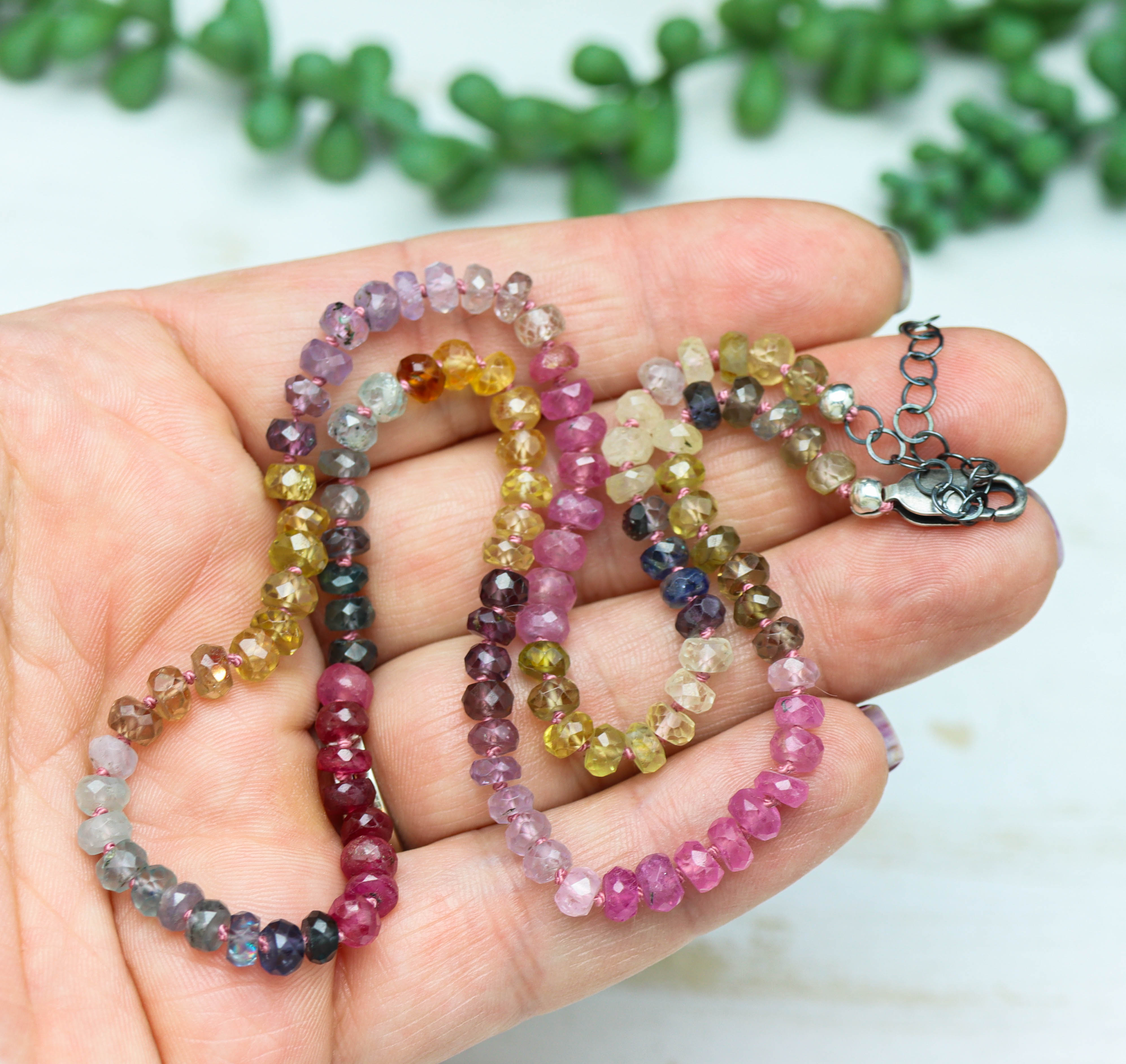 Multi Colored Sapphire Hand Knotted Bead Necklace Sterling Silver