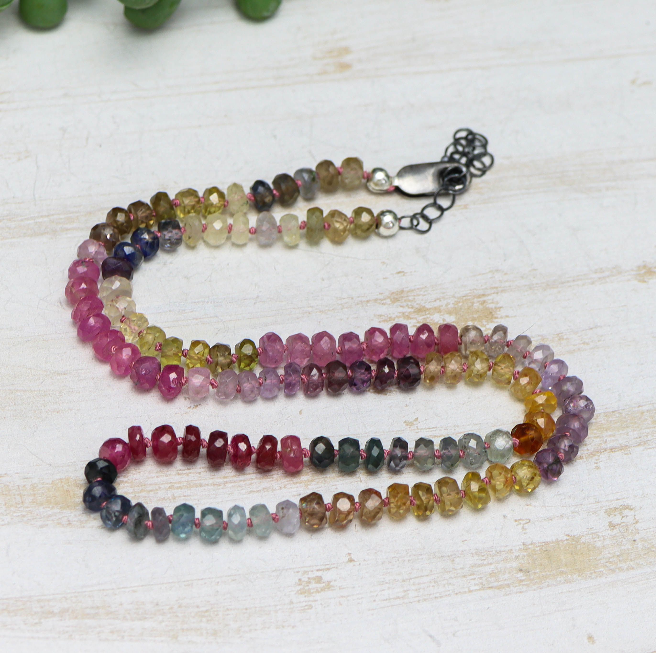 Multi Colored Sapphire Hand Knotted Bead Necklace Sterling Silver