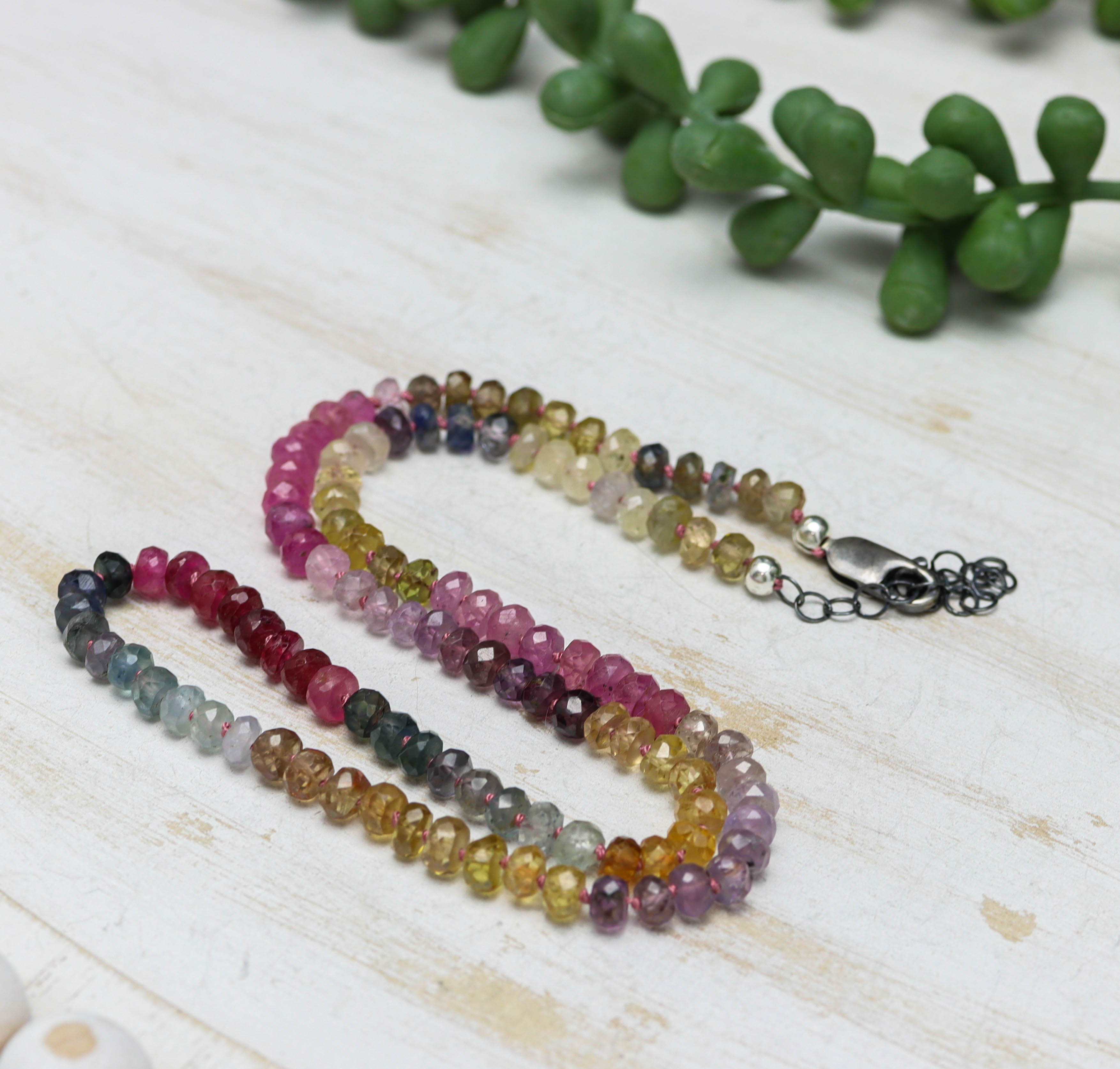 Multi Colored Sapphire Hand Knotted Bead Necklace Sterling Silver