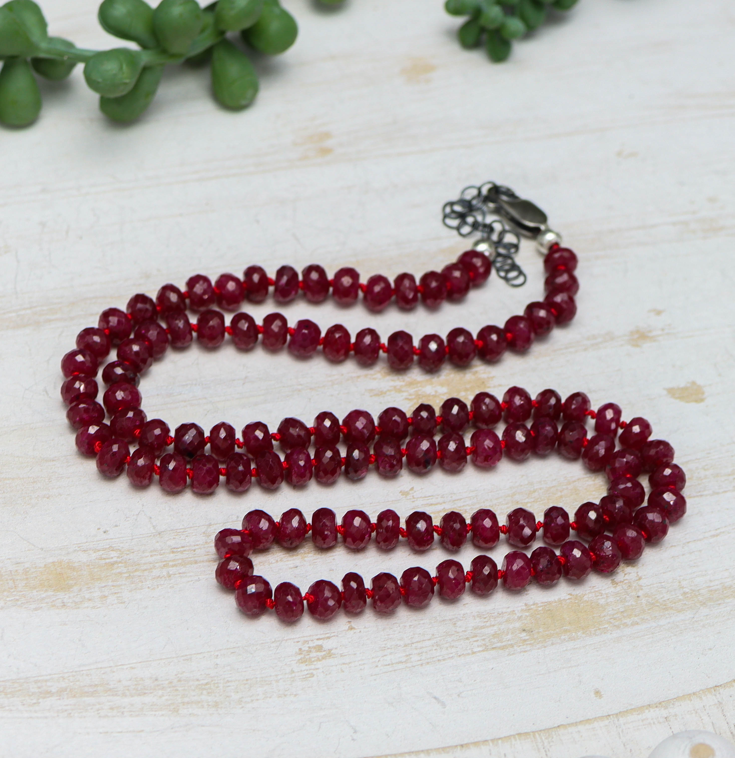 Red Ruby Hand Knotted Bead Necklace Sterling Silver
