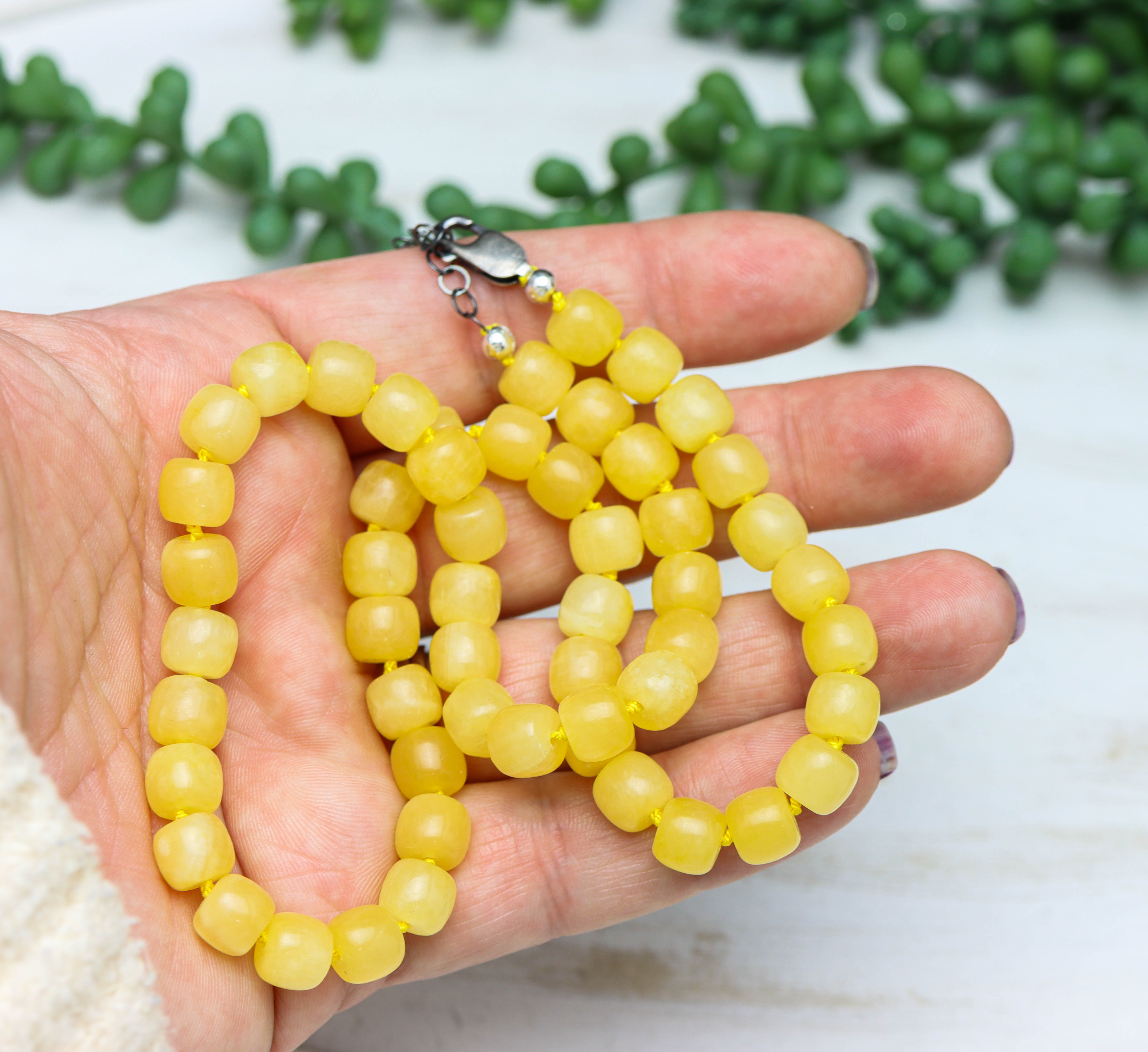 Honey Calcite Hand Knotted Bead Necklace Sterling Silver