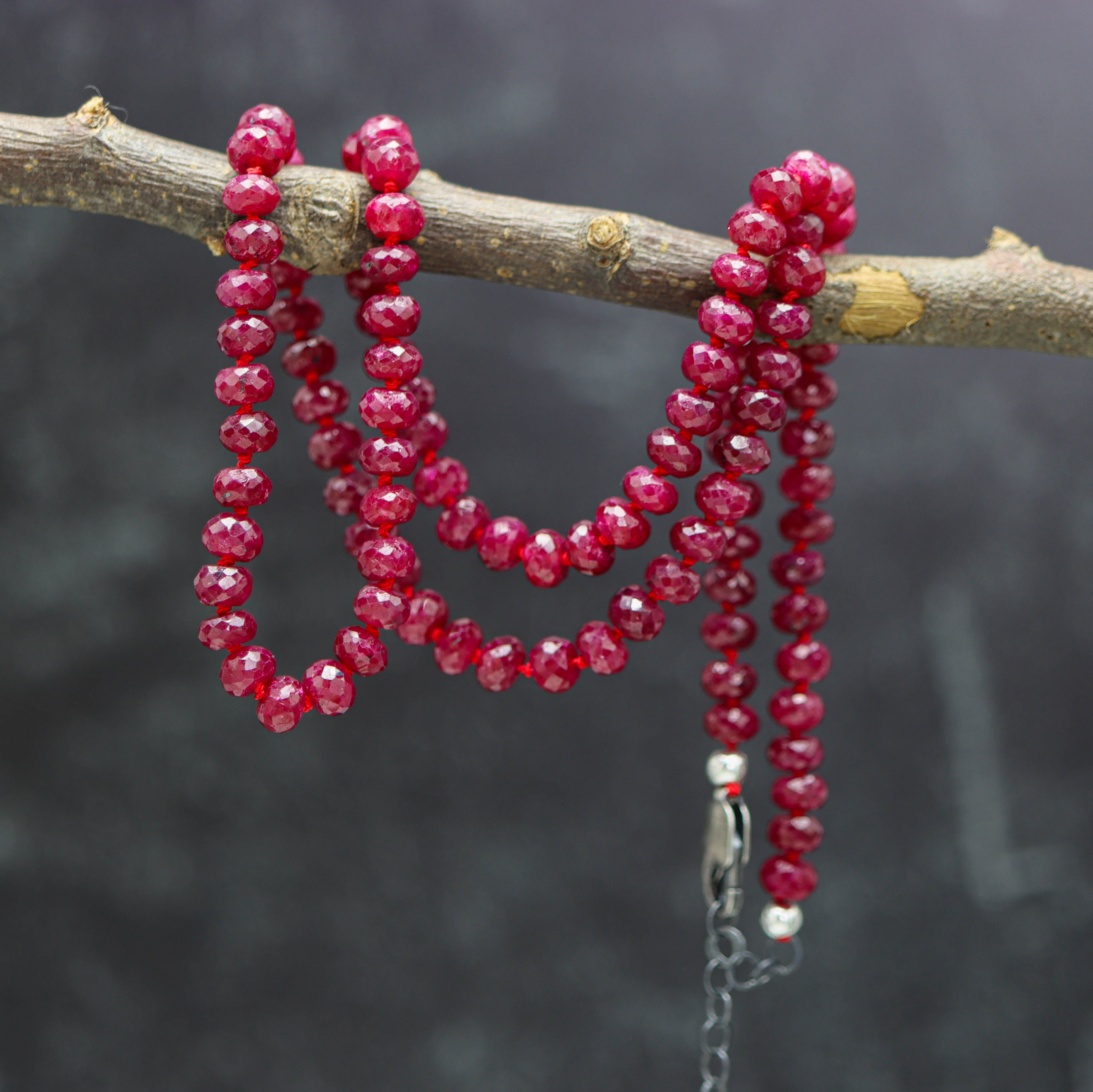 Red Ruby Hand Knotted Bead Necklace Sterling Silver