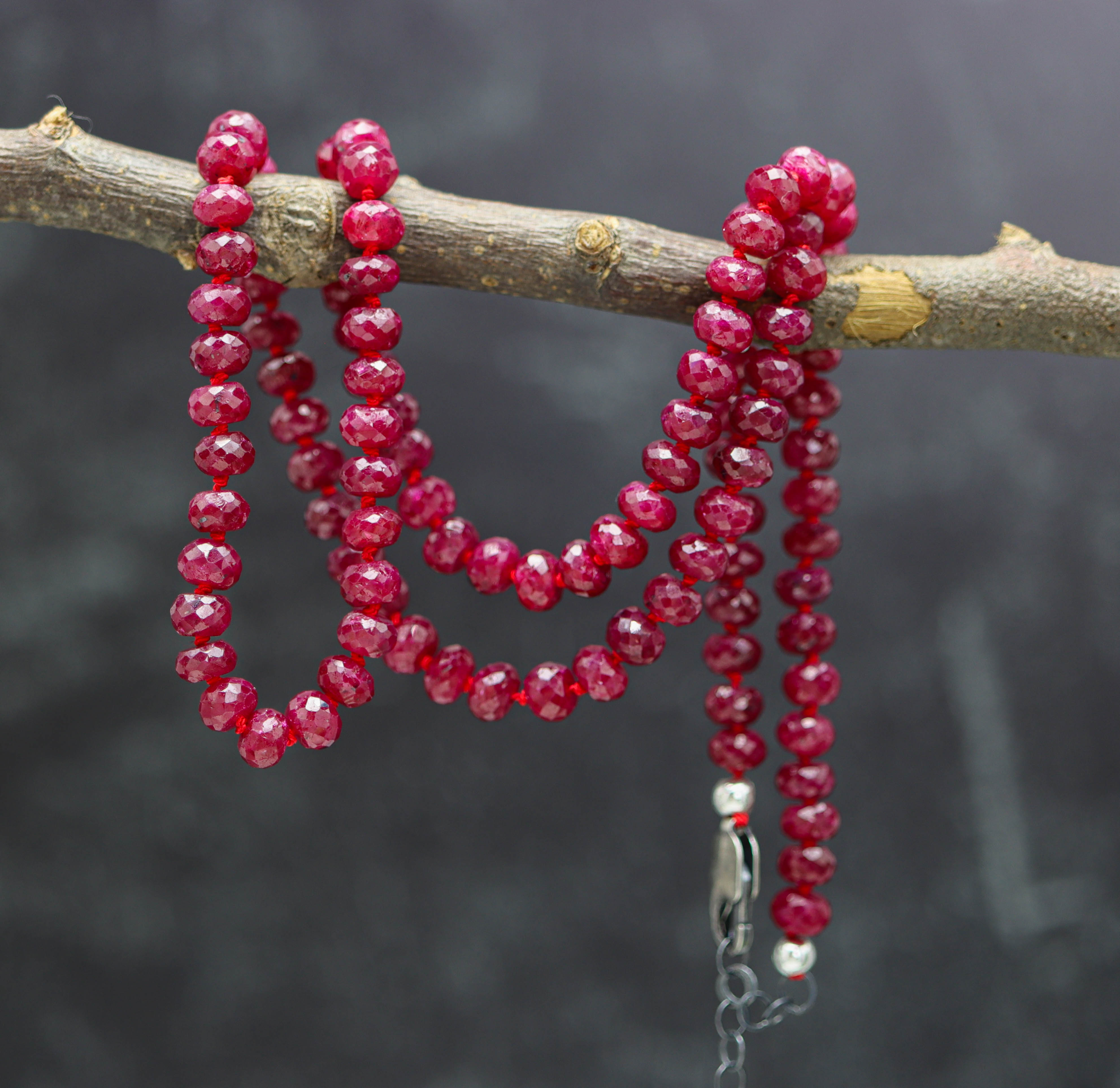 Red Ruby Hand Knotted Bead Necklace Sterling Silver