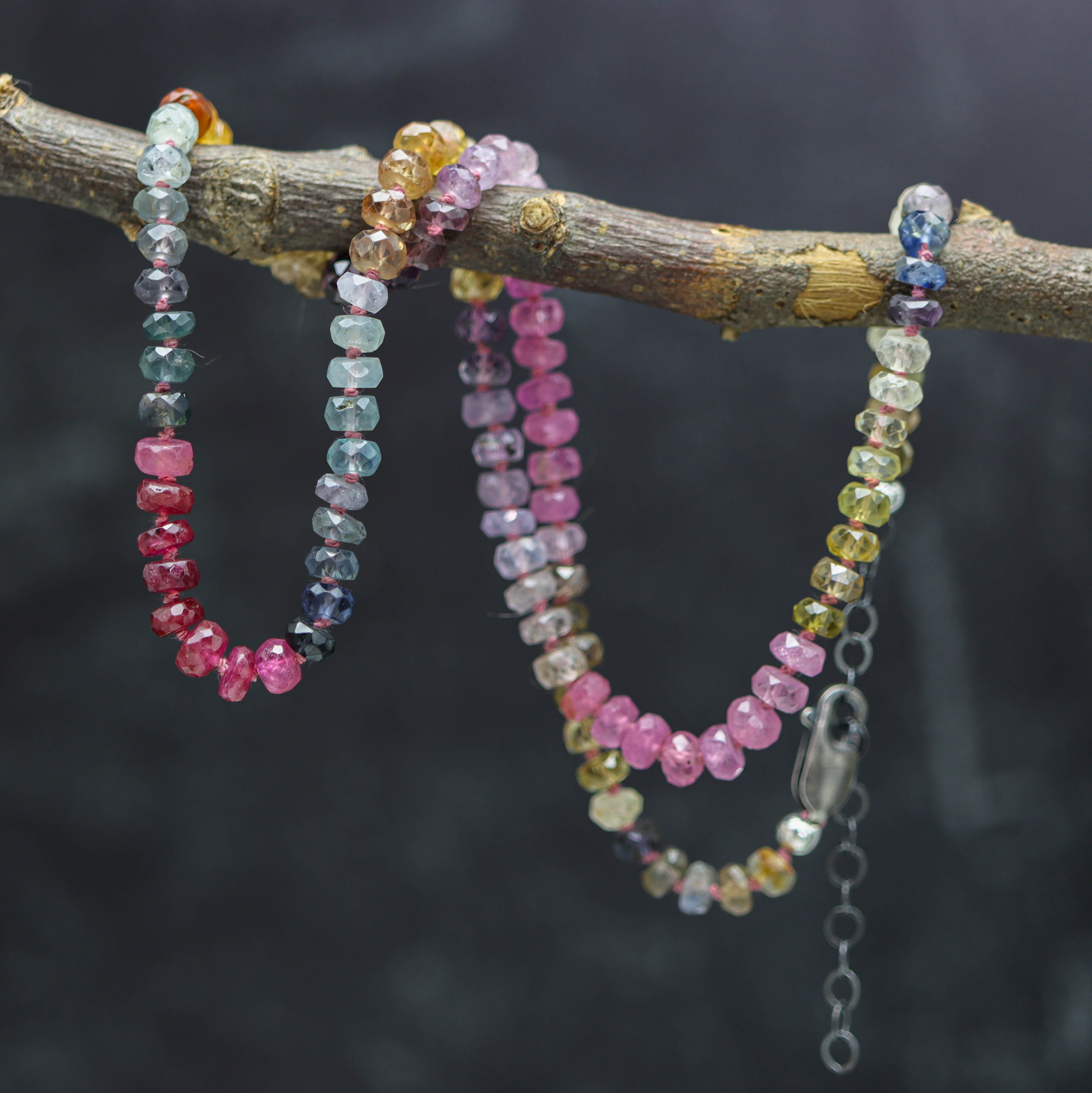 Multi Colored Sapphire Hand Knotted Bead Necklace Sterling Silver