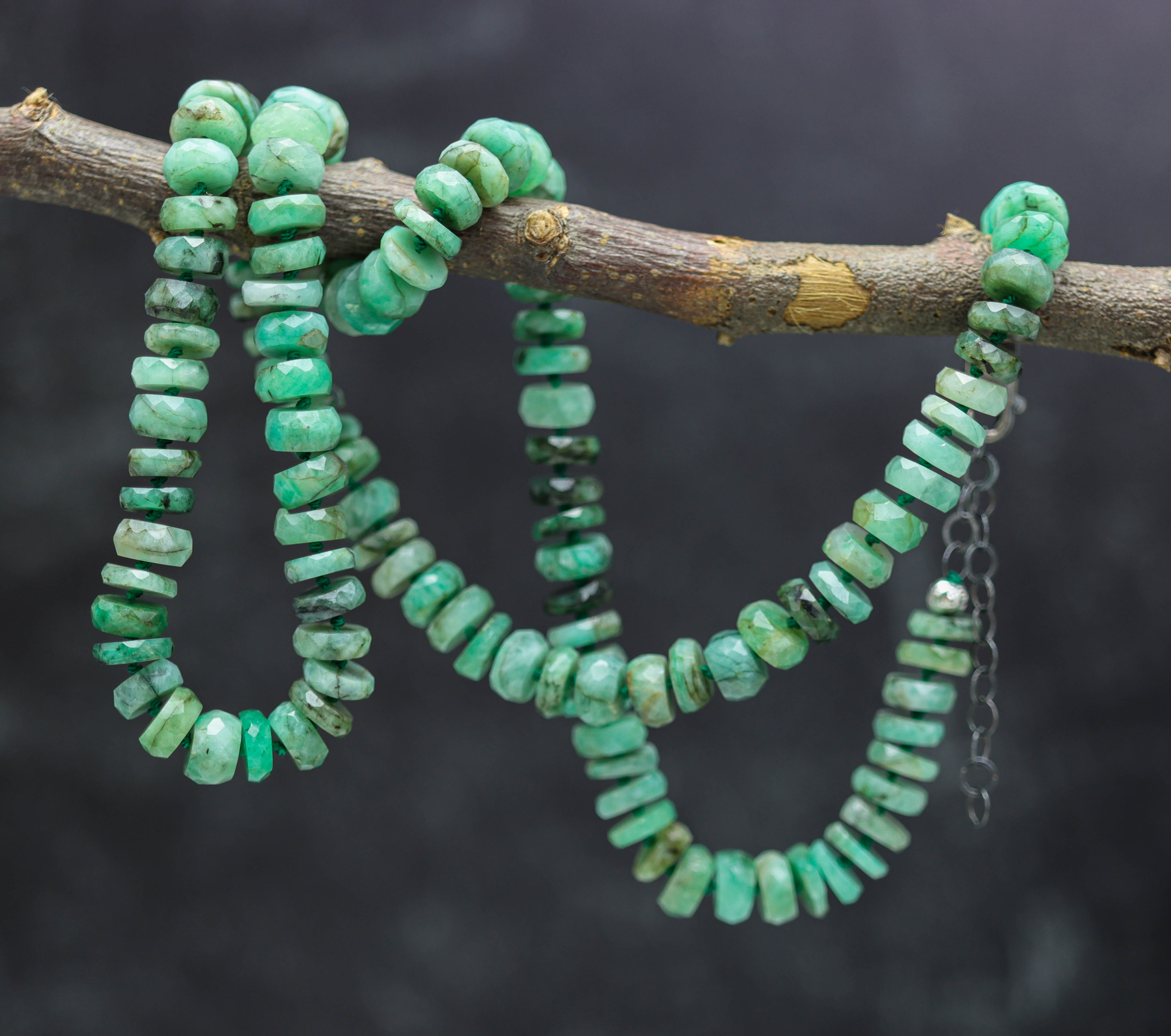 Natural Emerald Hand Knotted Bead Necklace Sterling Silver