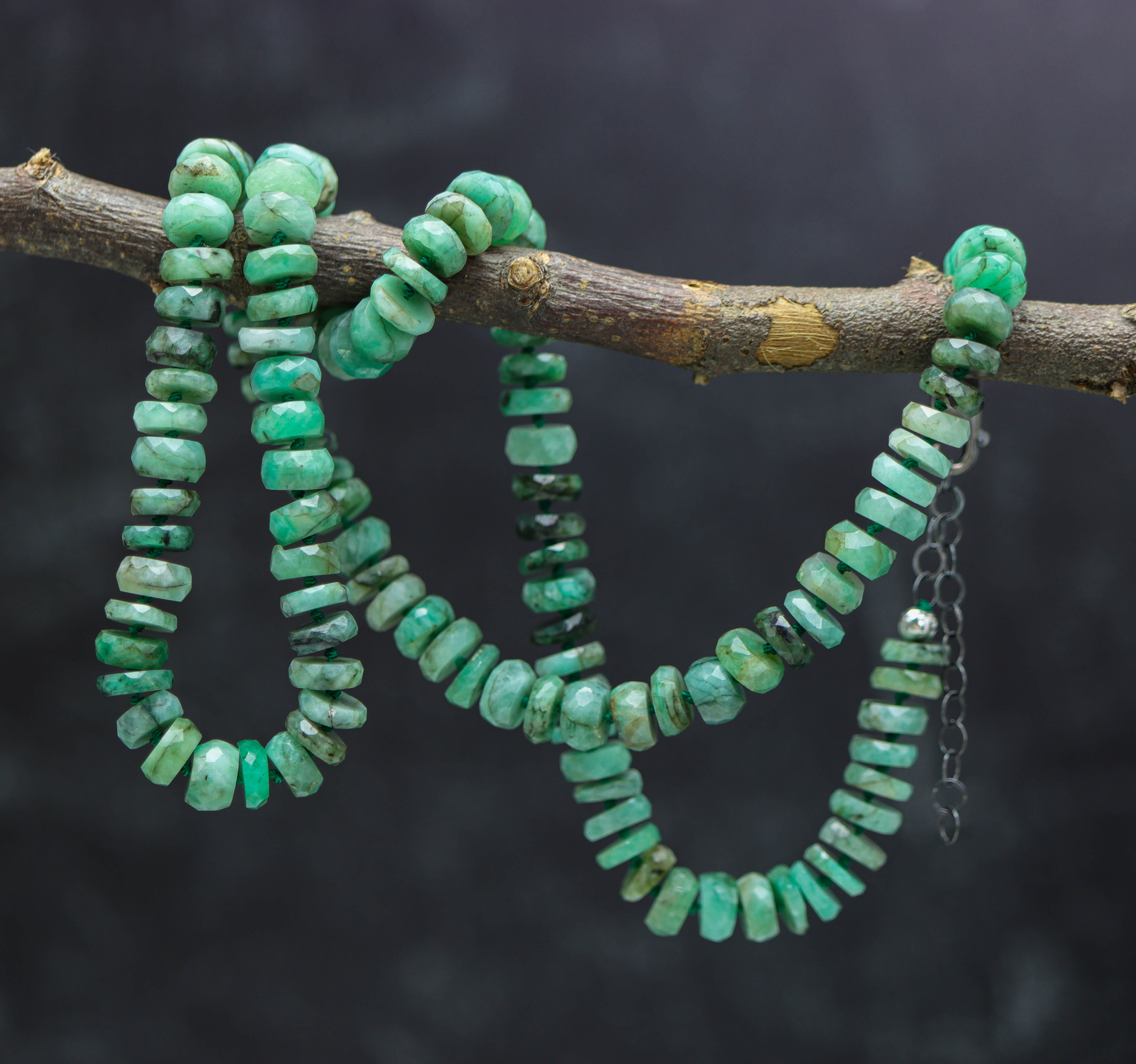Natural Emerald Hand Knotted Bead Necklace Sterling Silver