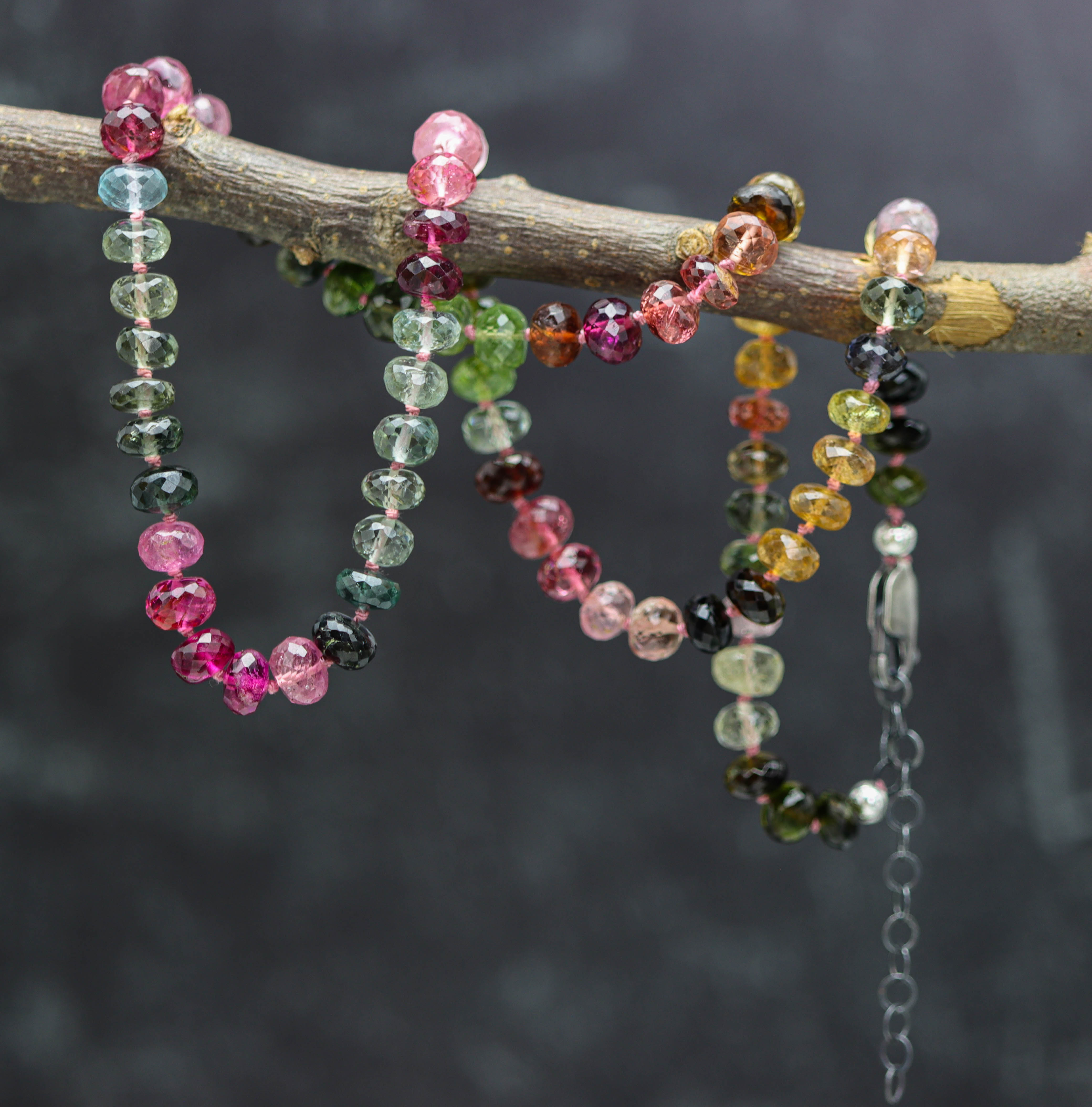 Stunning Multi Colored Tourmaline Hand Knotted Bead Necklace Sterling Silver #2