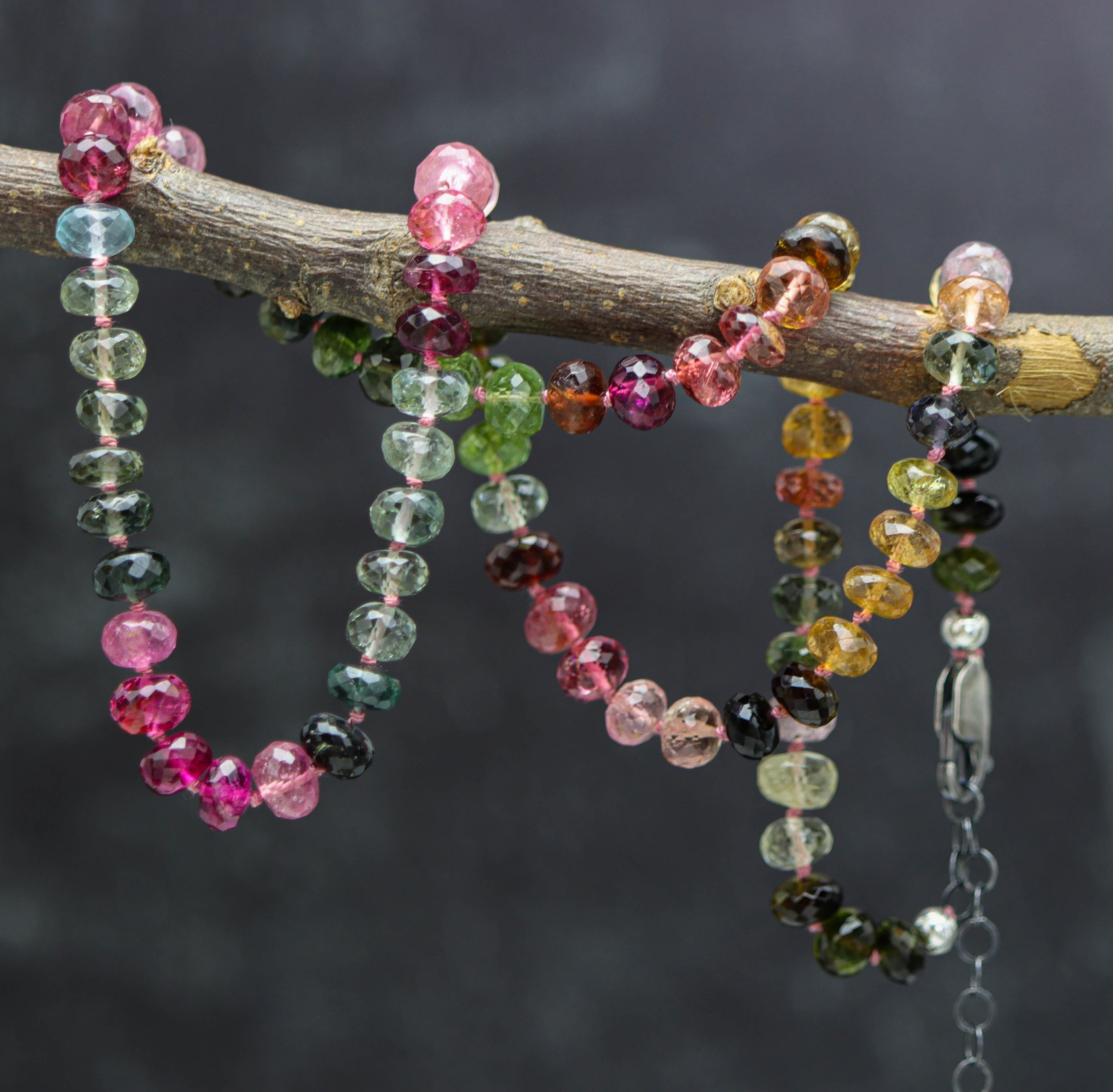 Stunning Multi Colored Tourmaline Hand Knotted Bead Necklace Sterling Silver #2