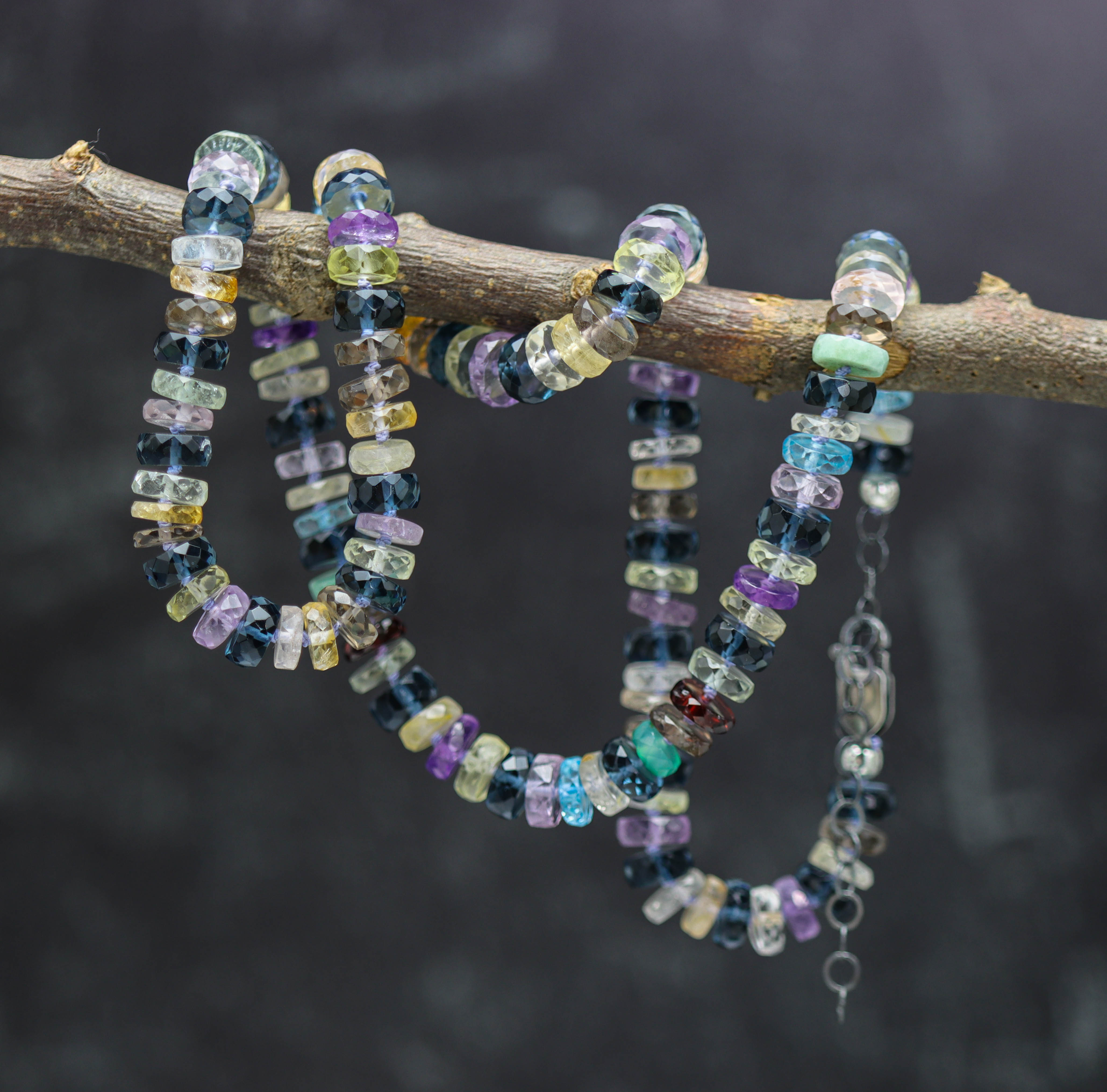 Multi Gemstone Hand Knotted Bead Necklace Sterling Silver