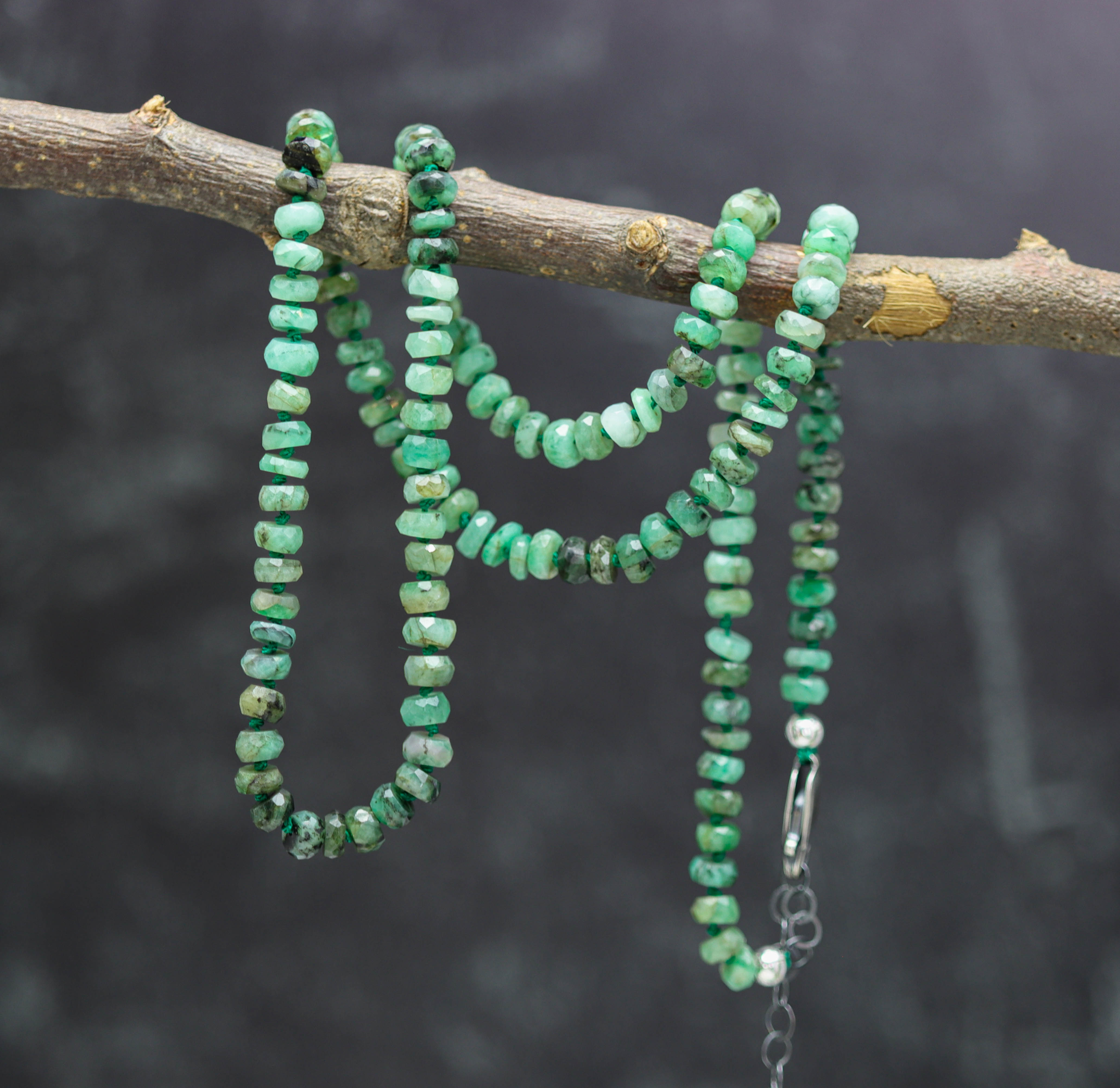 Natural Emerald Hand Knotted Bead Necklace Sterling Silver