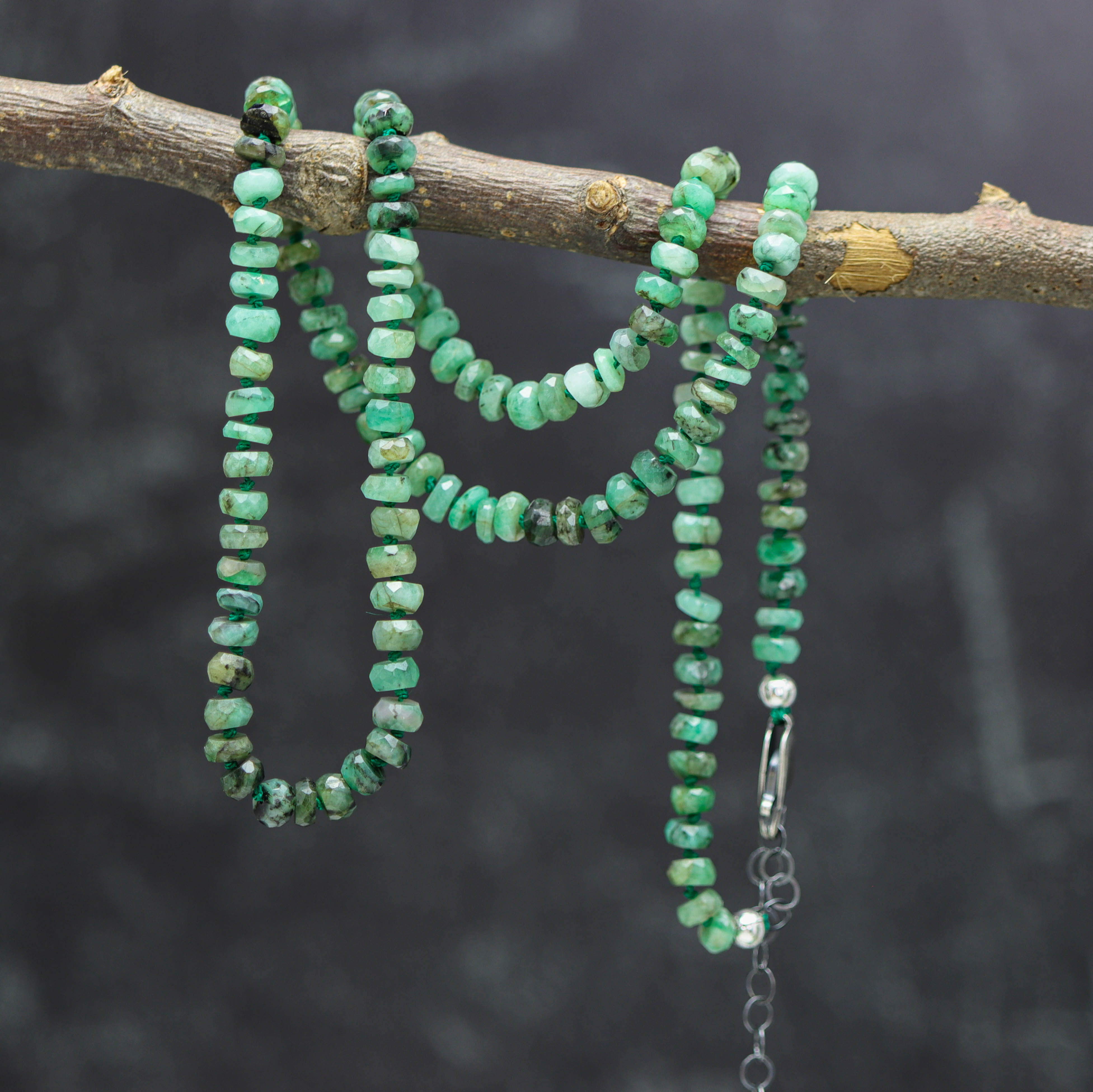 Natural Emerald Hand Knotted Bead Necklace Sterling Silver