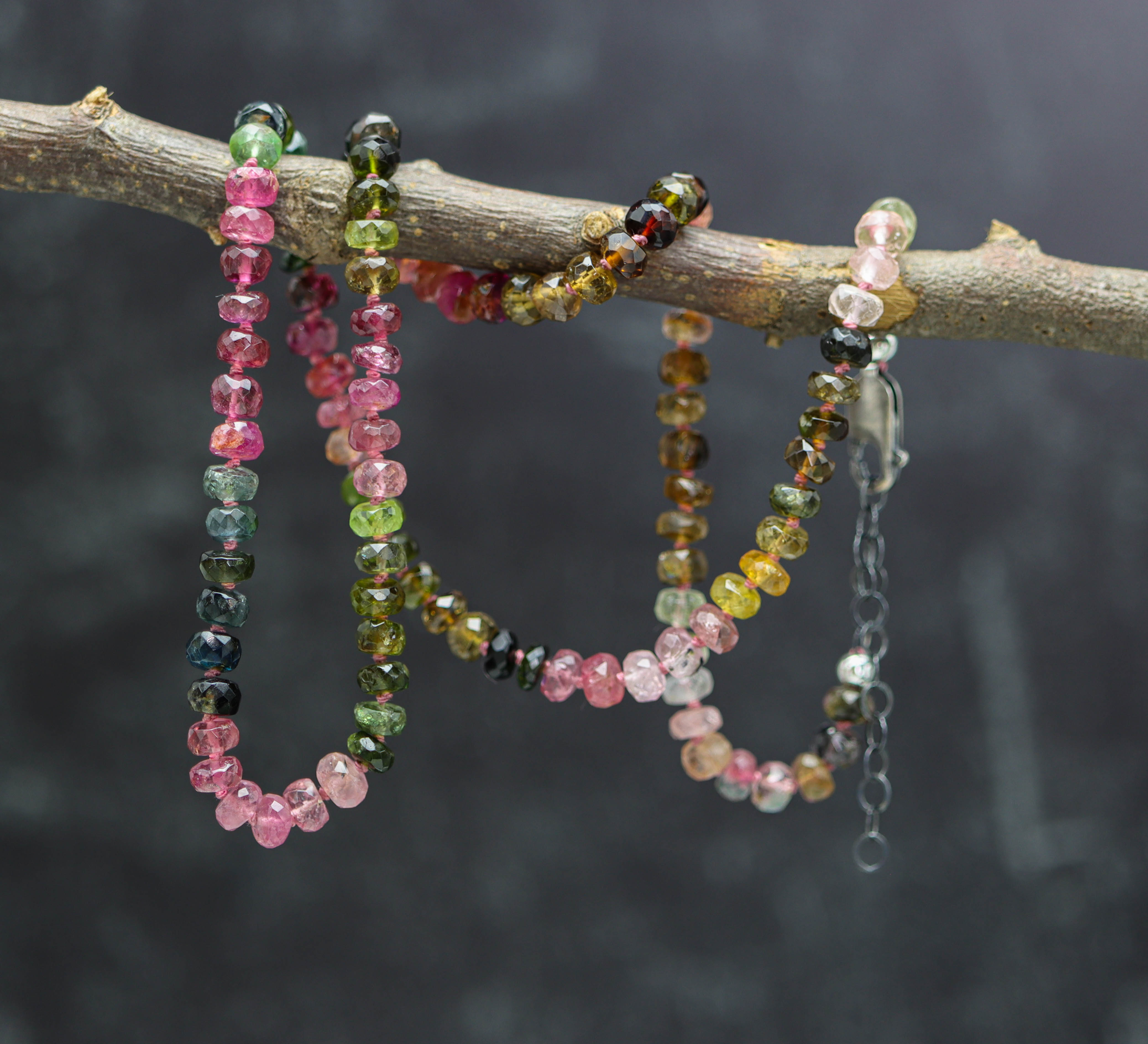 Multi Colored Tourmaline Hand Knotted Bead Necklace Sterling Silver