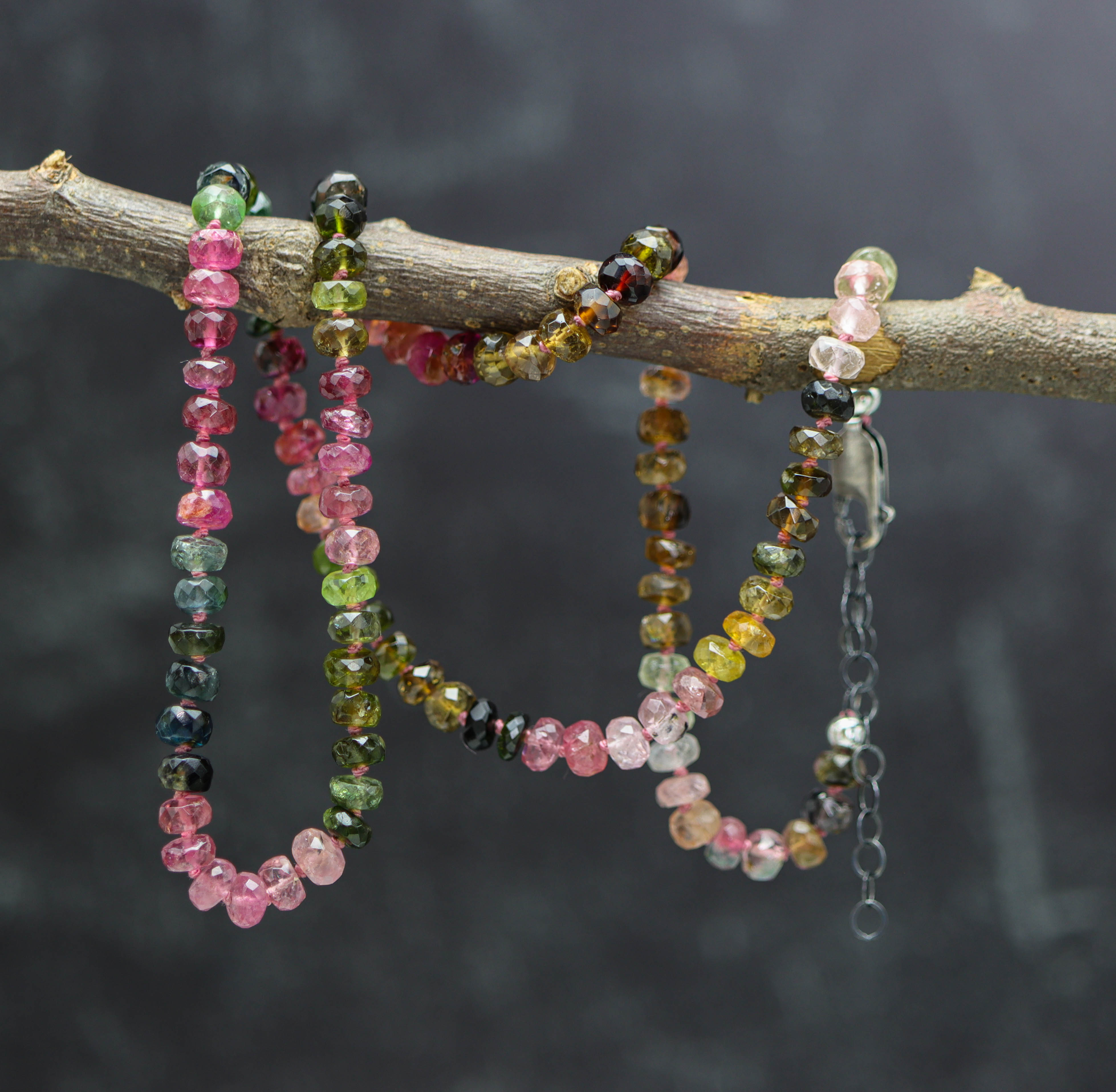 Multi Colored Tourmaline Hand Knotted Bead Necklace Sterling Silver