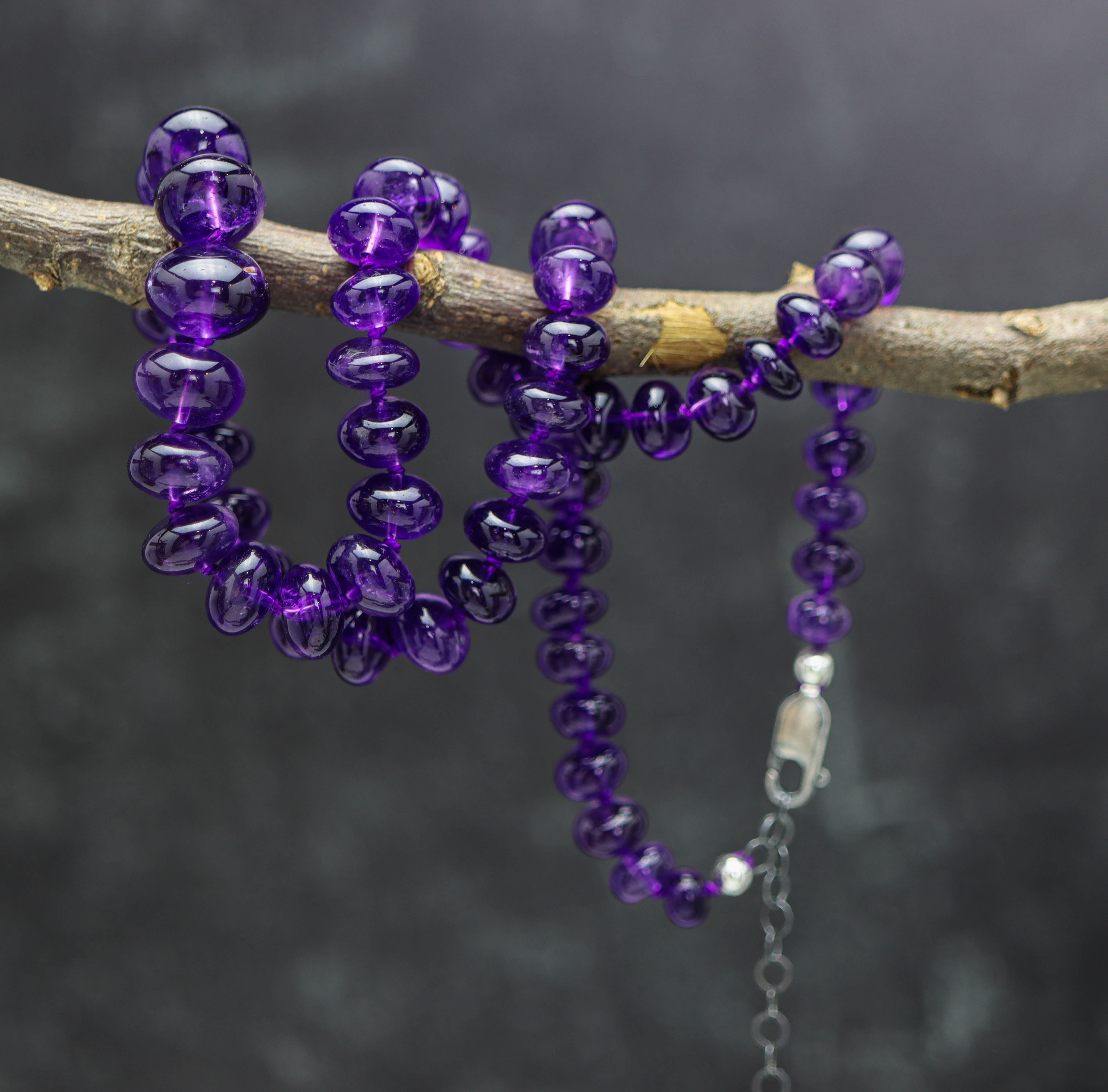 Amethyst Hand Knotted Bead Necklace Sterling Silver