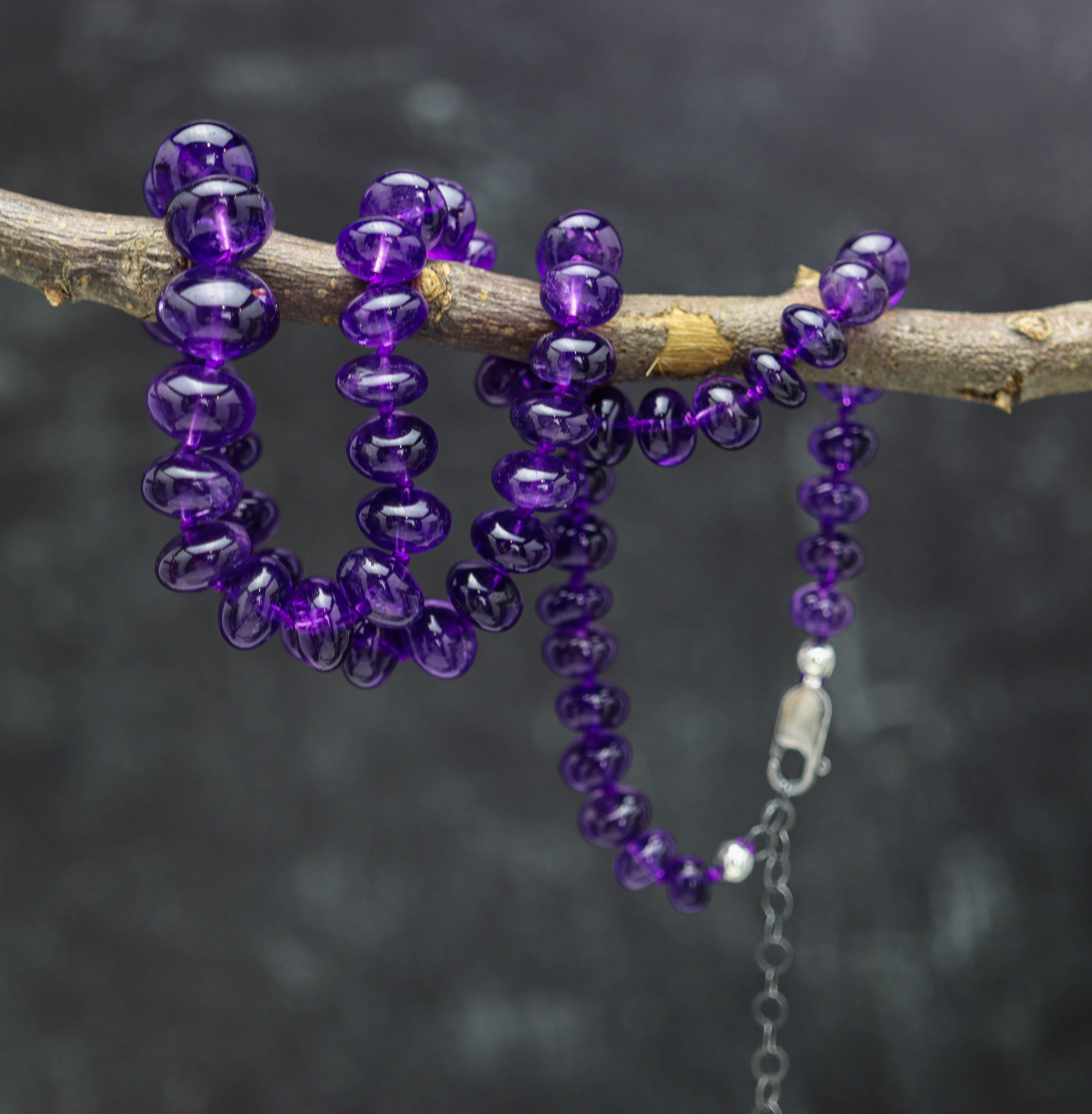 Amethyst Hand Knotted Bead Necklace Sterling Silver