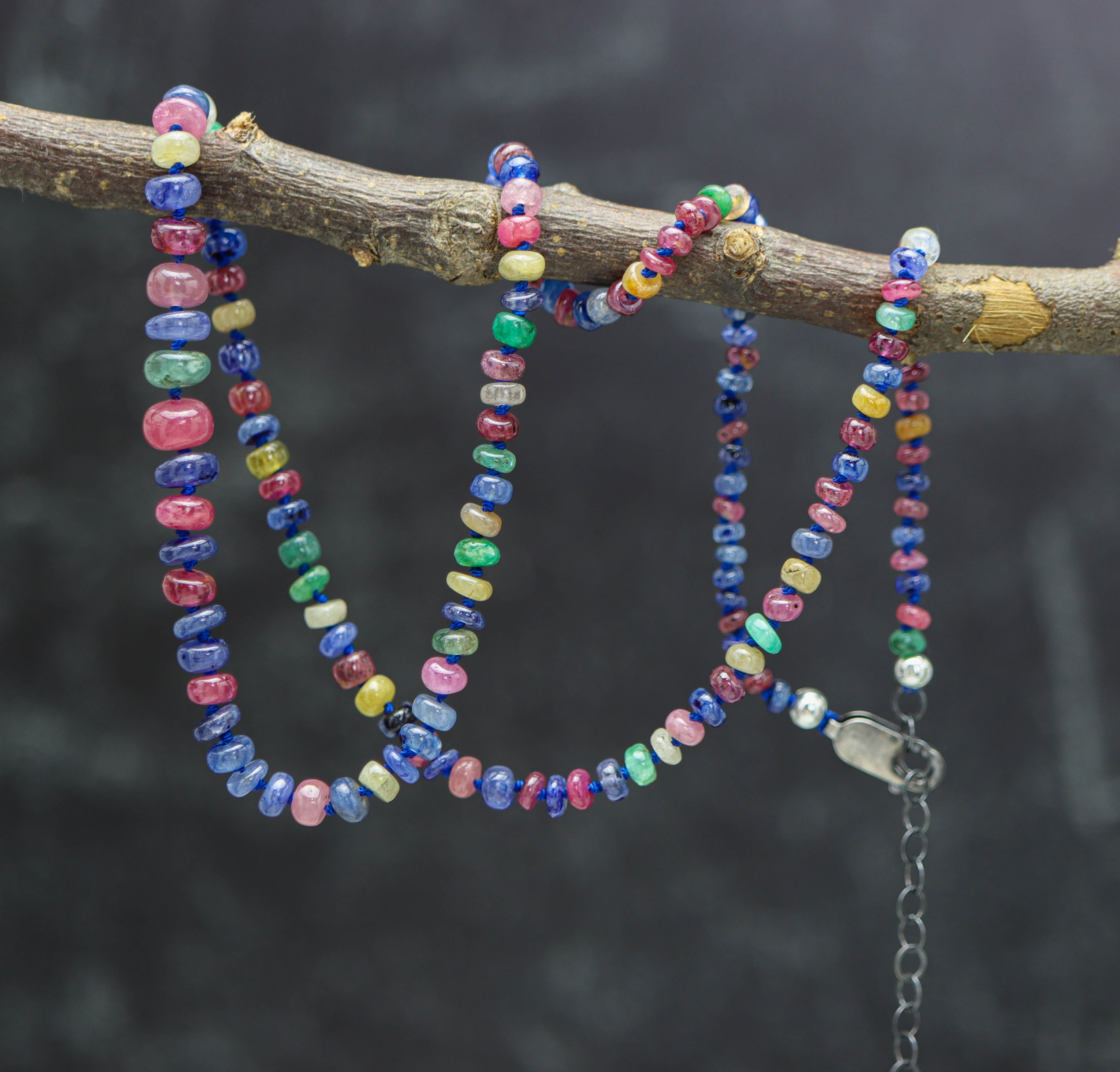 Multi Colored Sapphire Hand Knotted Bead Necklace Sterling Silver