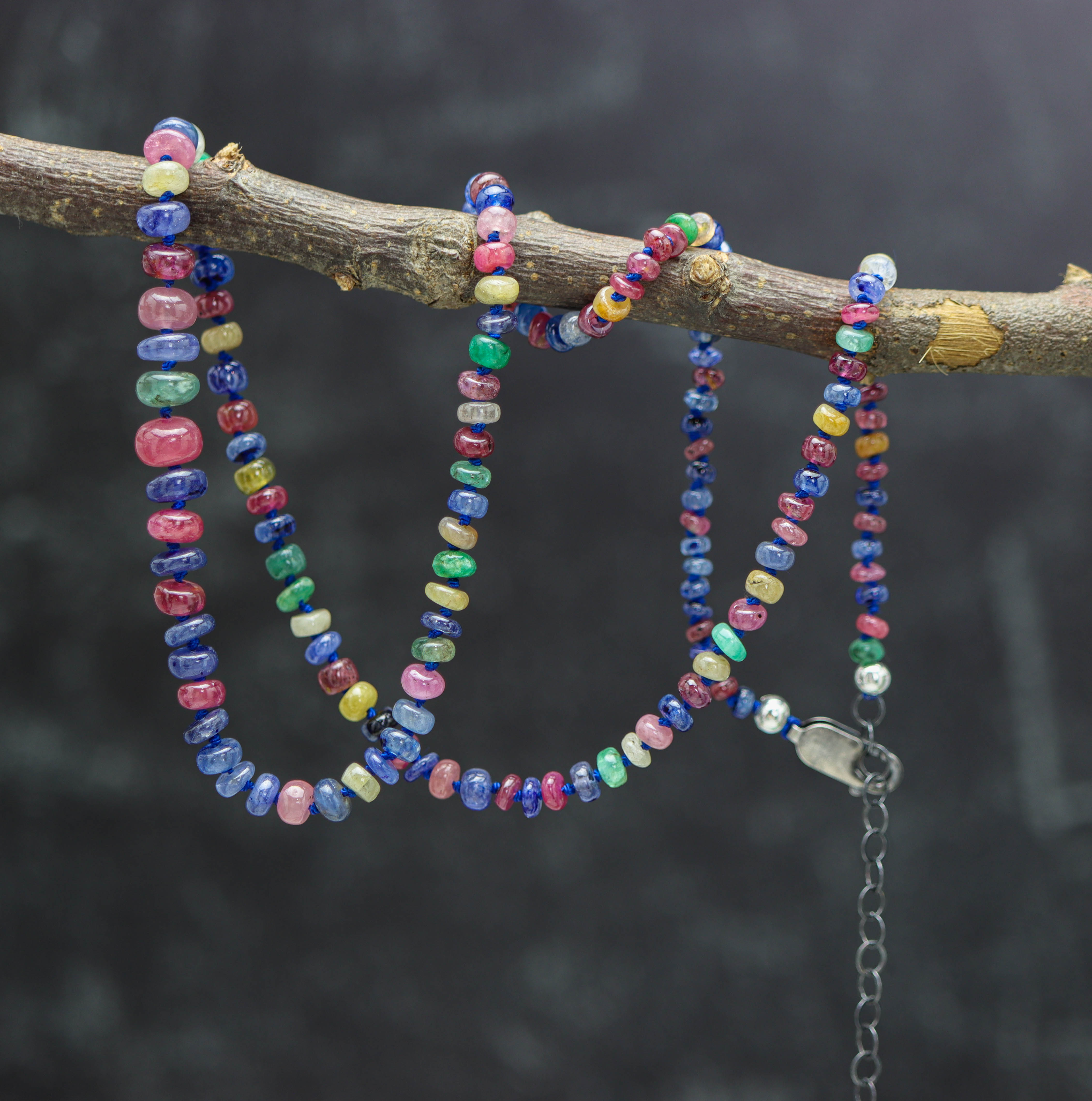 Multi Colored Sapphire Hand Knotted Bead Necklace Sterling Silver