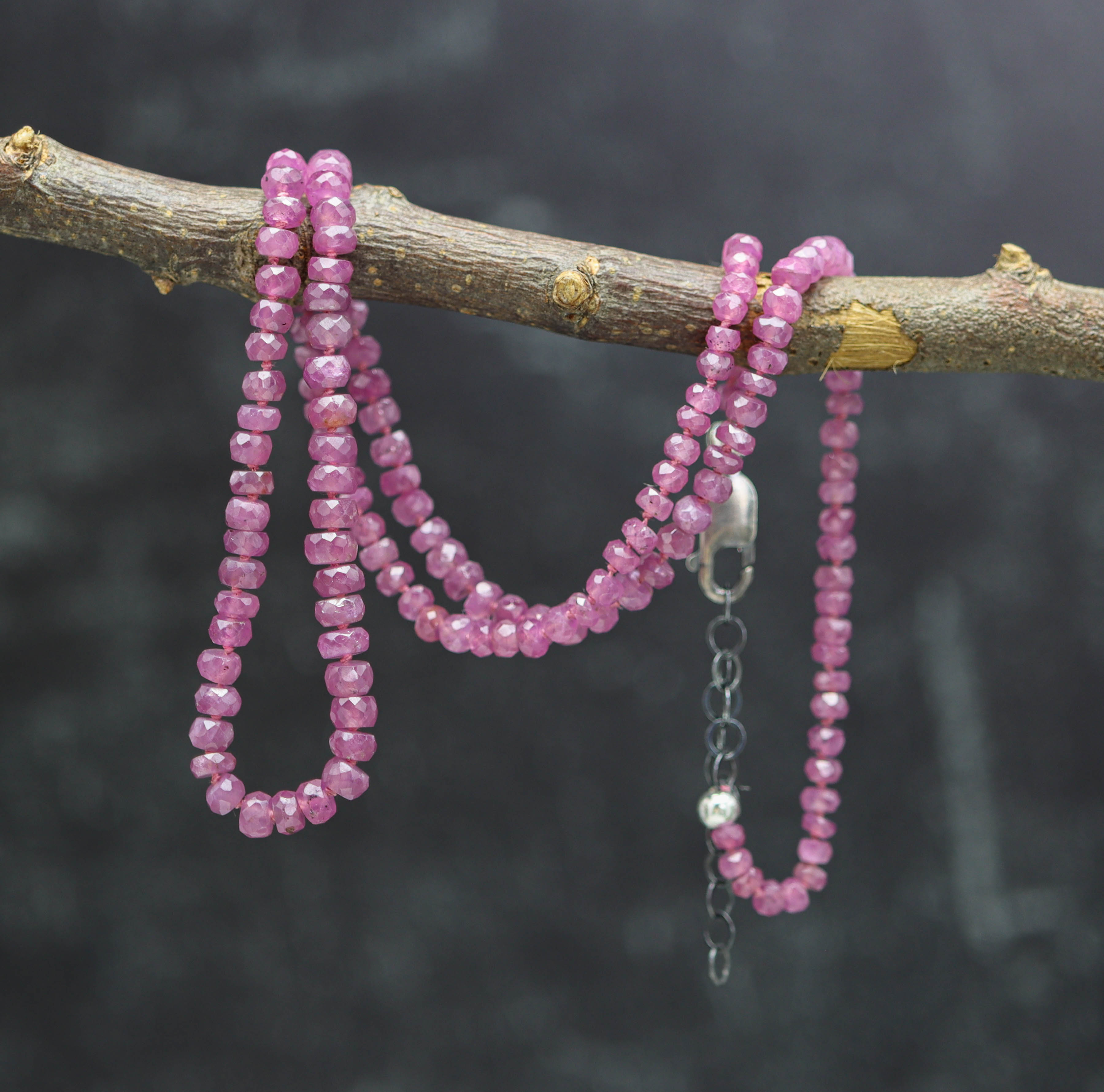 Pink Ruby Hand Knotted Bead Necklace Sterling Silver