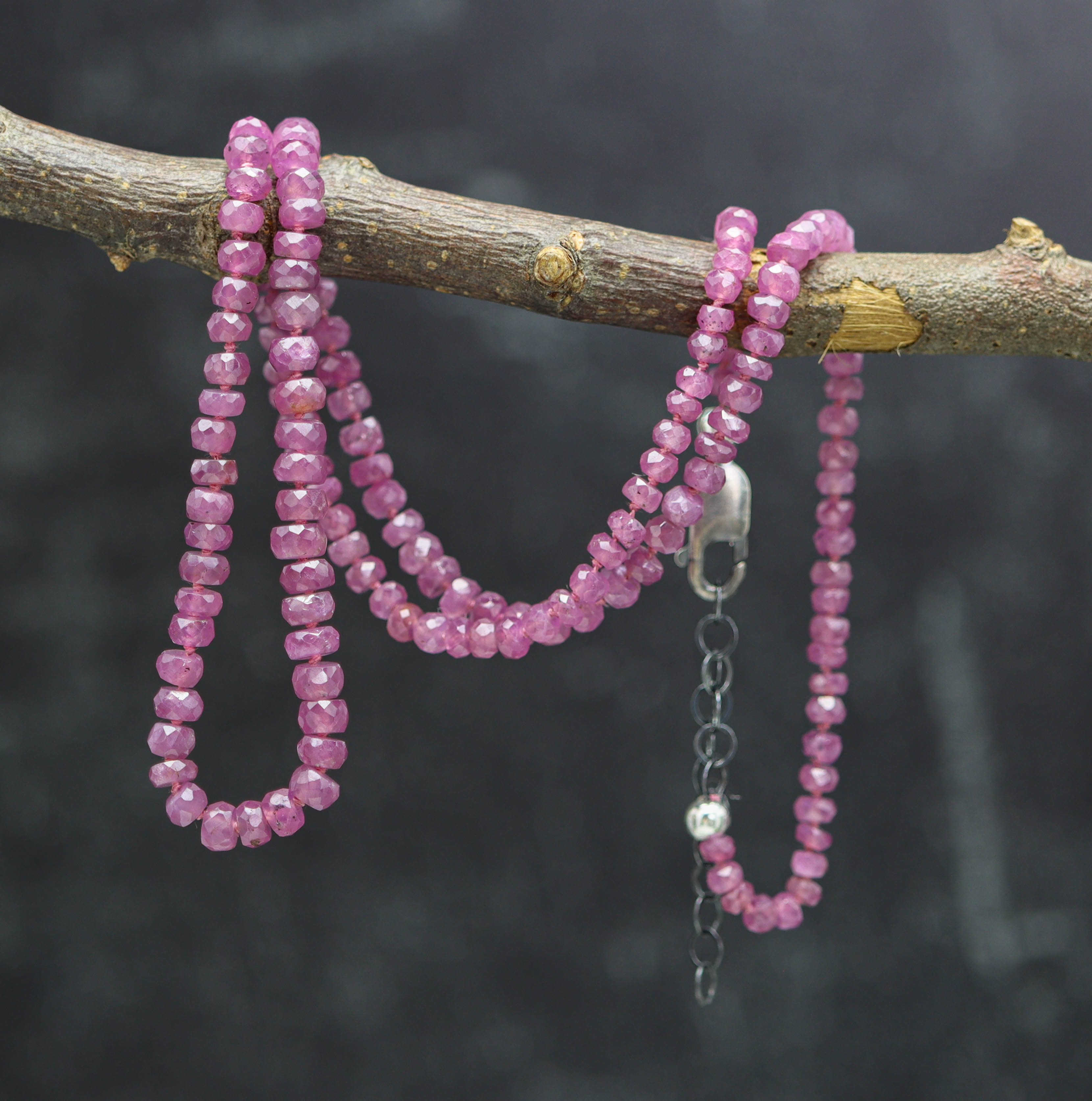 Pink Ruby Hand Knotted Bead Necklace Sterling Silver