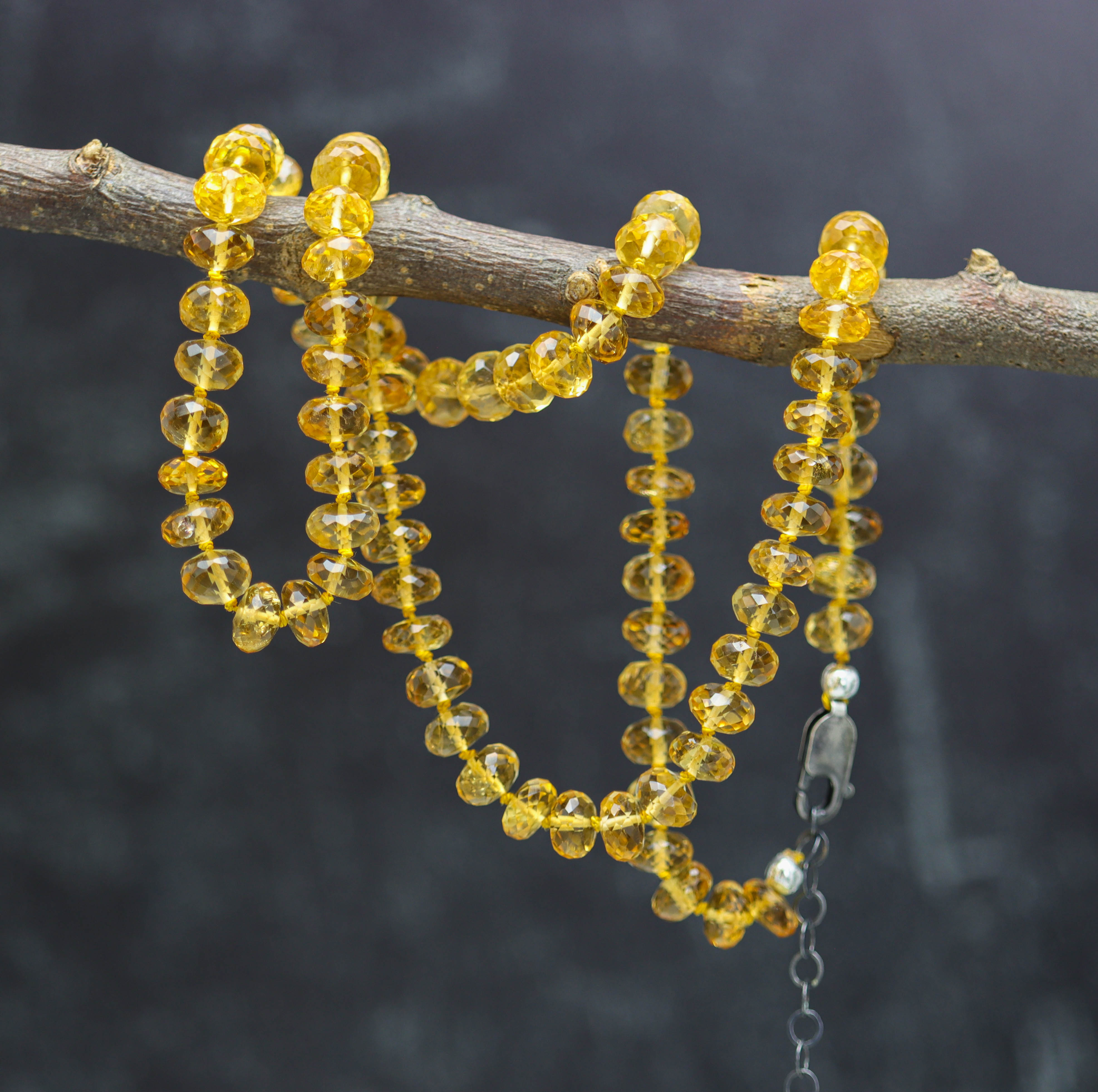 Stunning Yellow Citrine Hand Knotted Bead Necklace Sterling Silver