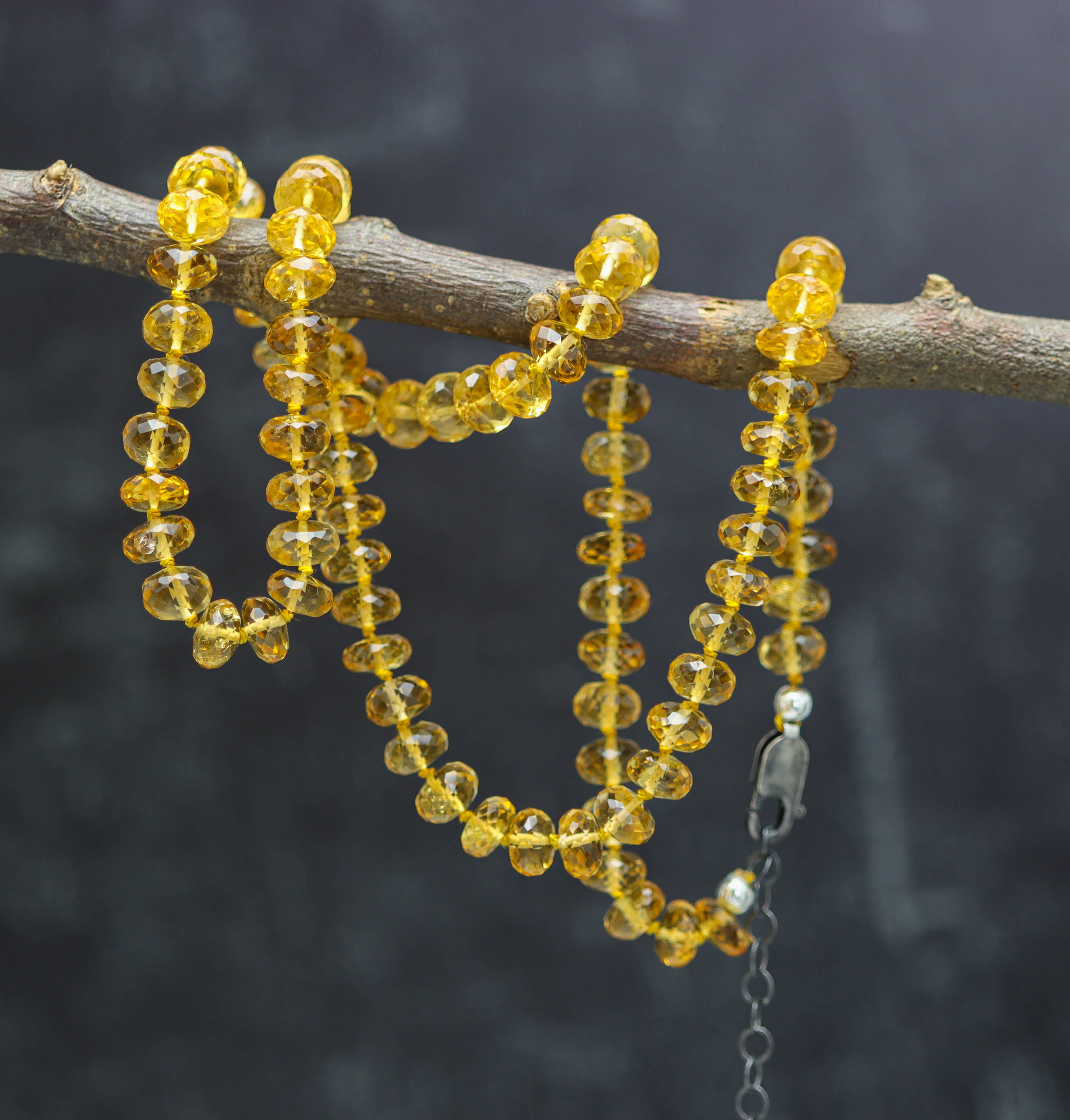 Yellow Citrine Hand Knotted Bead Necklace Sterling Silver