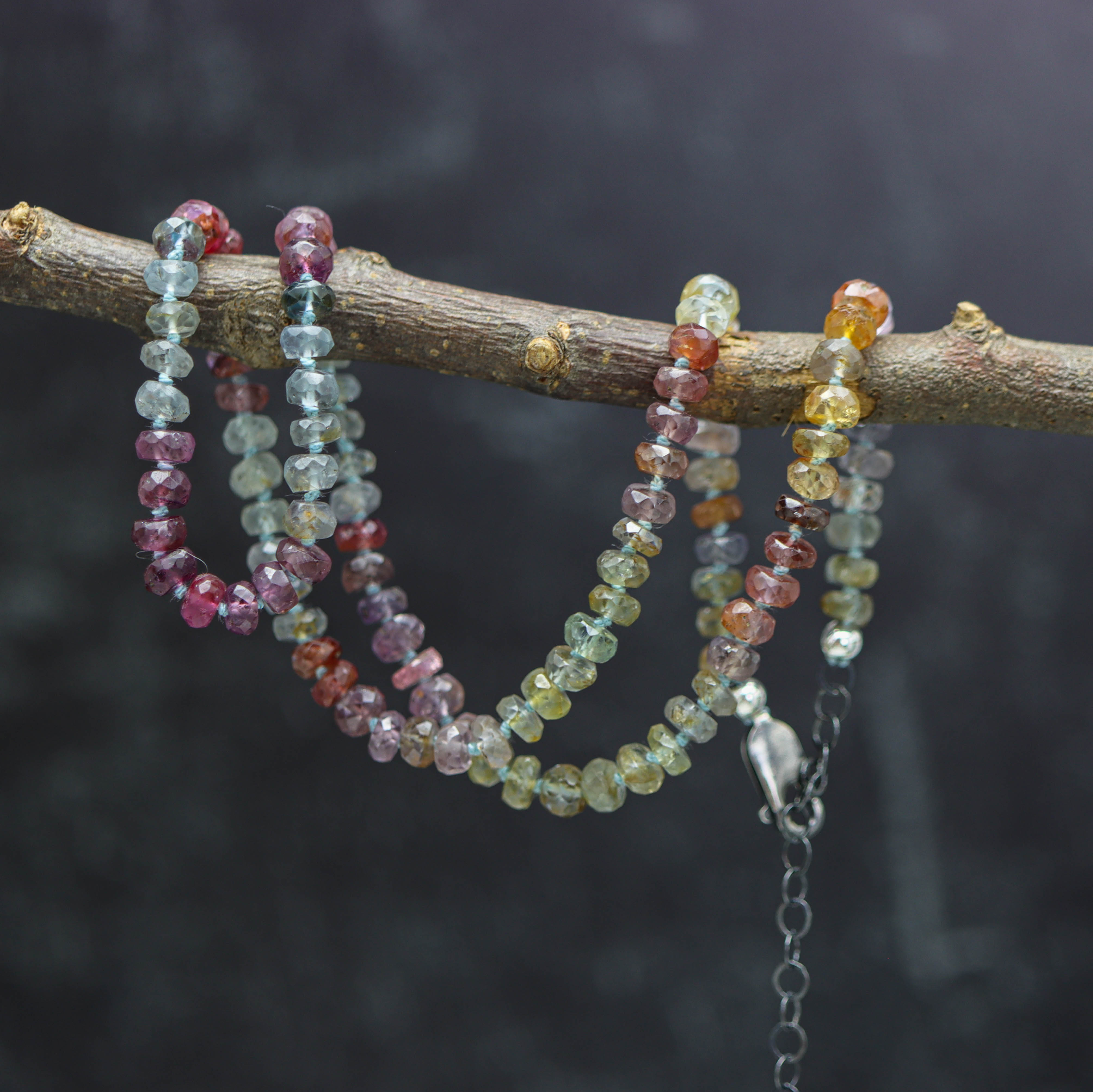 Multi Colored Sapphire Hand Knotted Bead Necklace Sterling Silver 18 inch