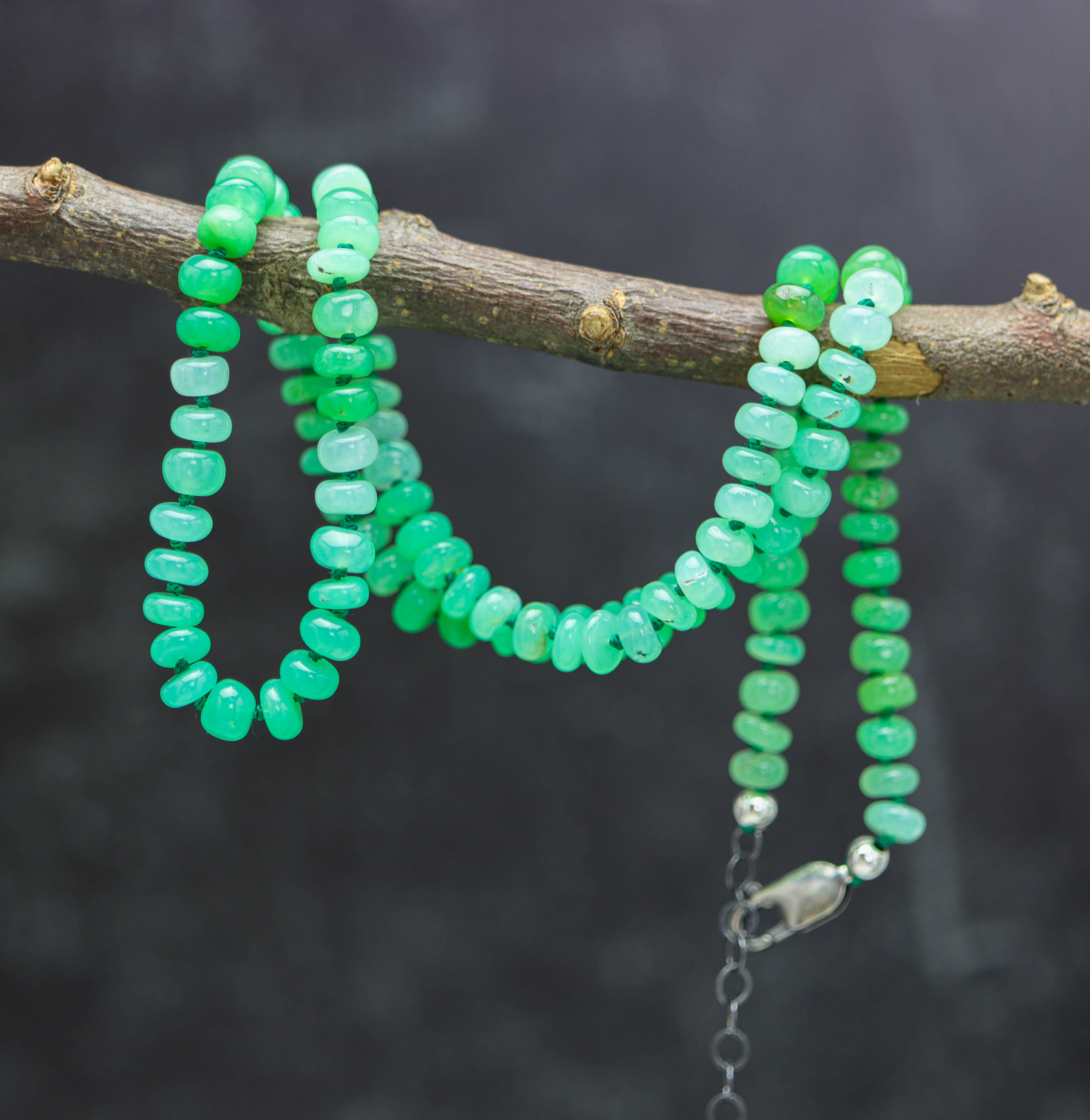 Chrysoprase Hand Knotted Bead Necklace Sterling Silver