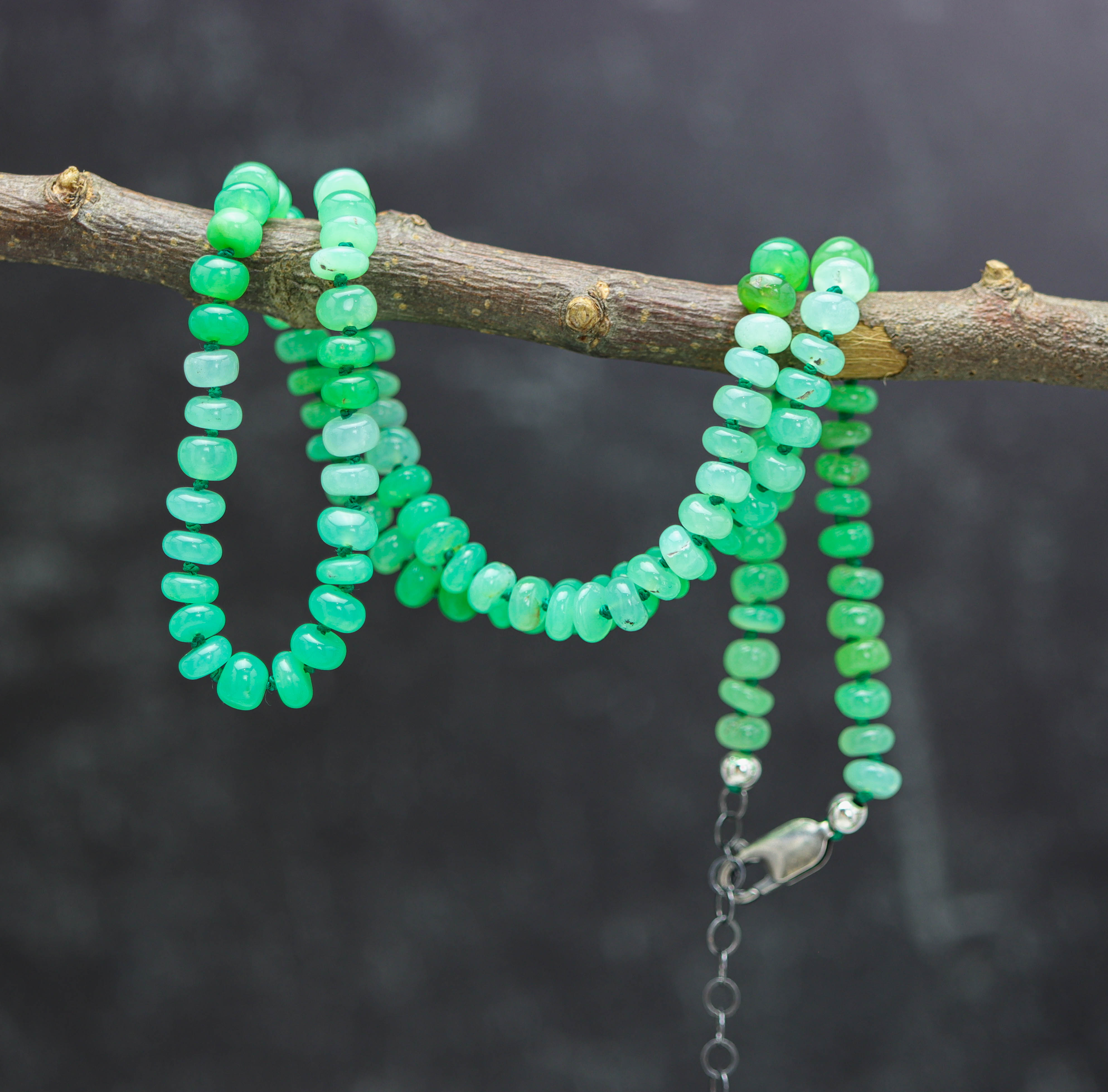Chrysoprase Hand Knotted Bead Necklace Sterling Silver